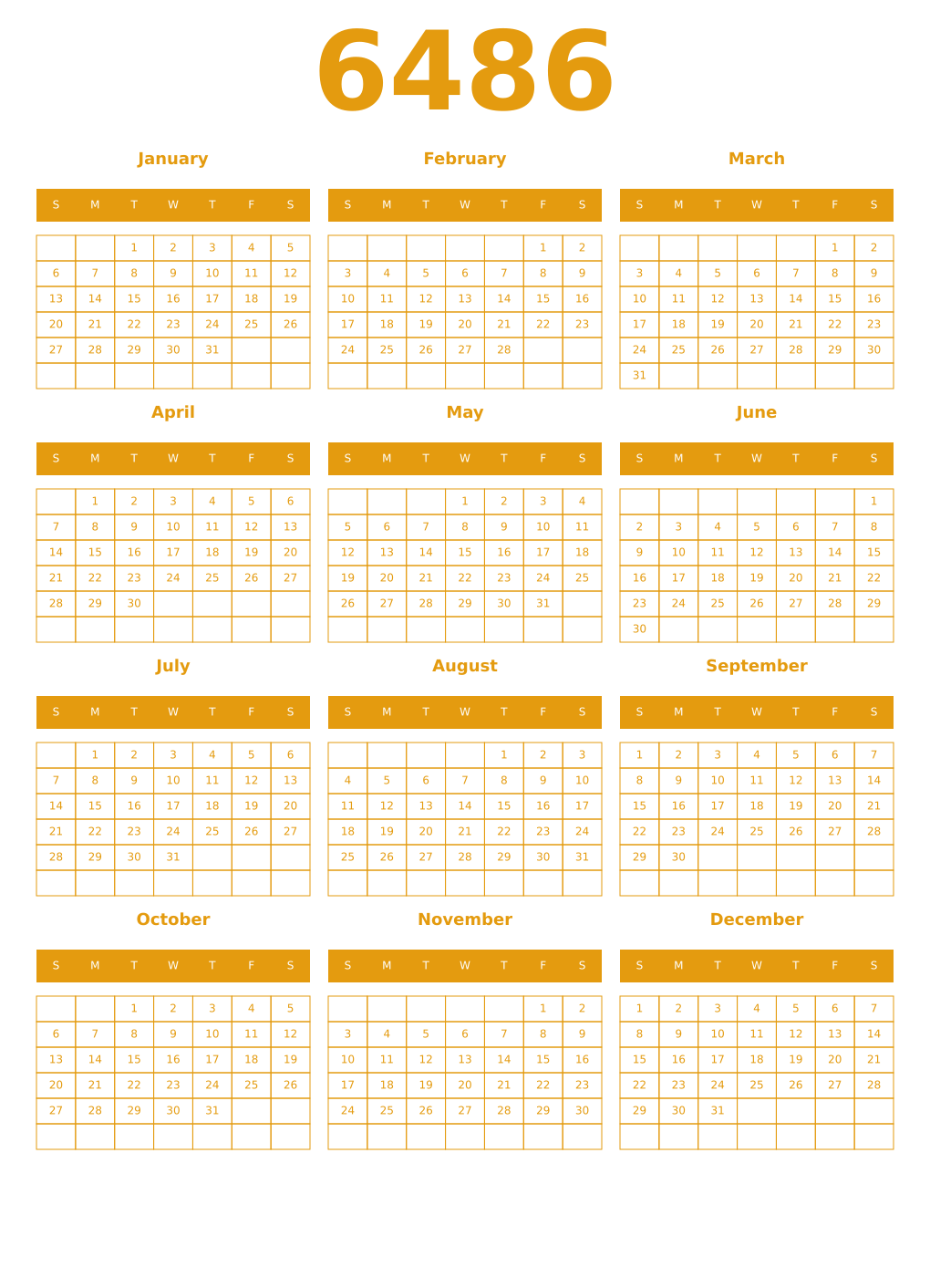 Printable 6486 Year Calendars gamboge