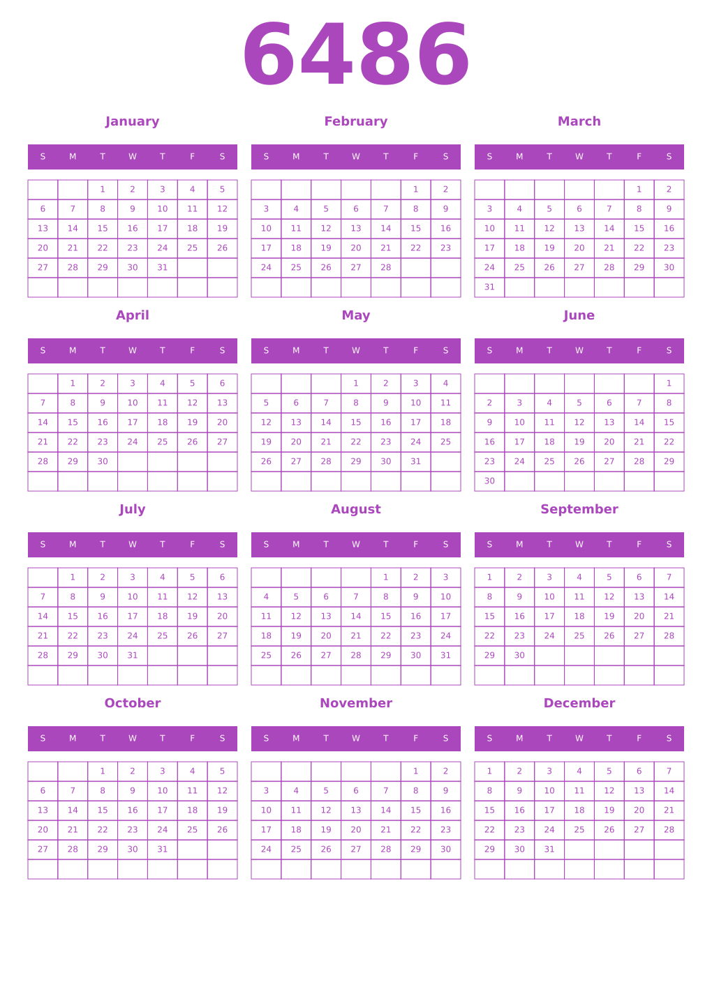 Printable 6486 Year Calendars purple