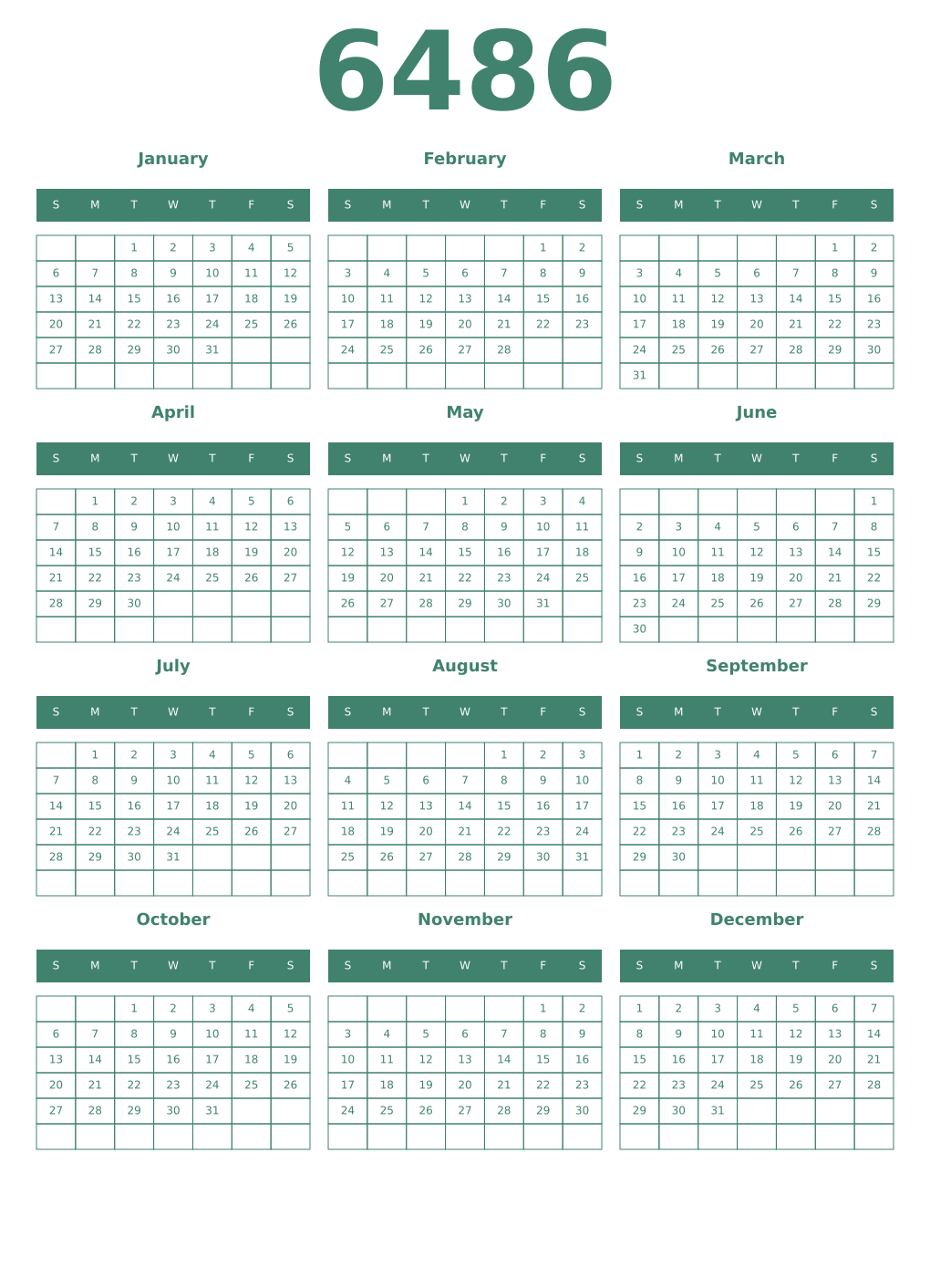 Printable 6486 Year Calendars viridian
