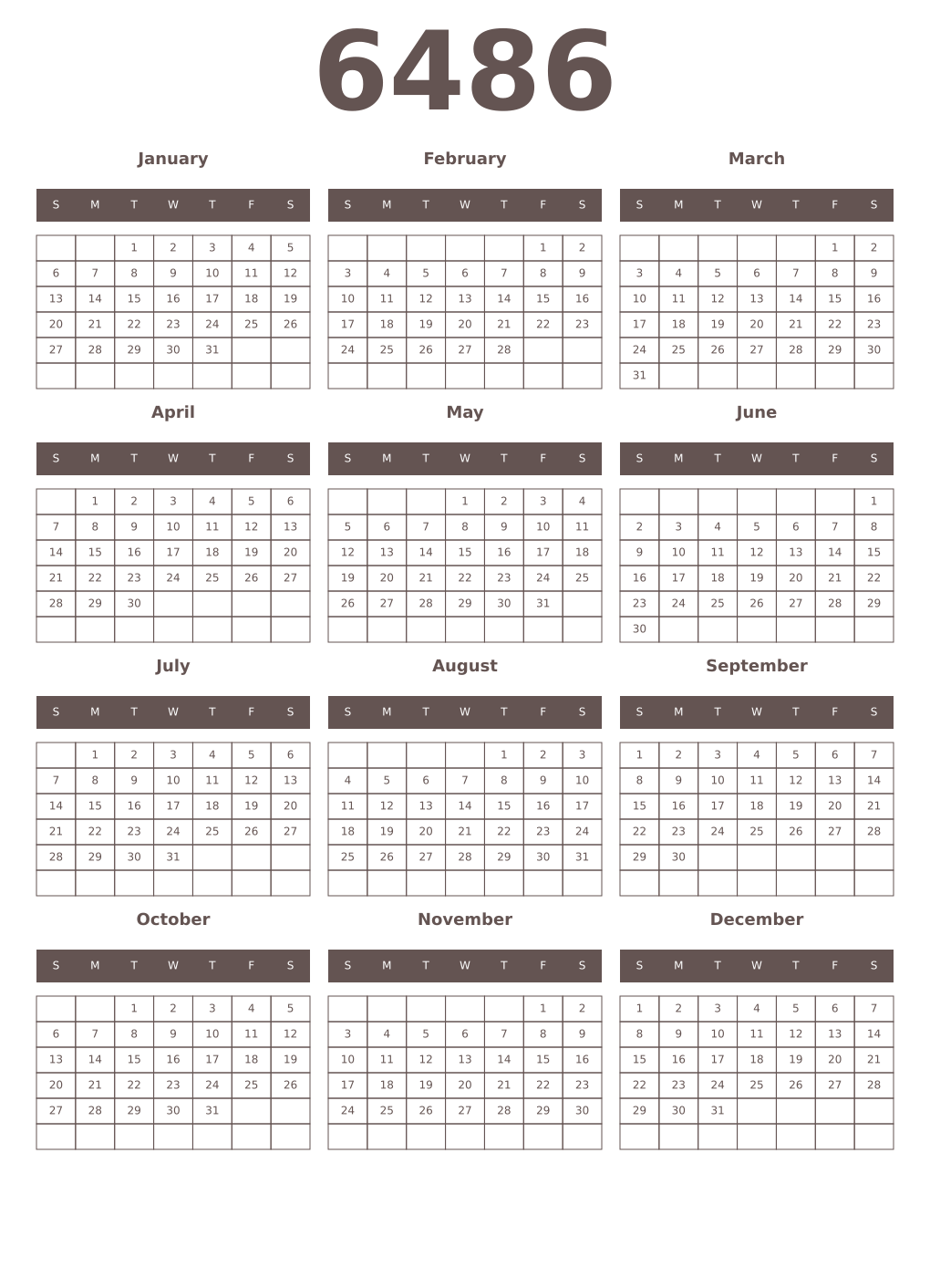 Printable 6486 Year Calendars wenge
