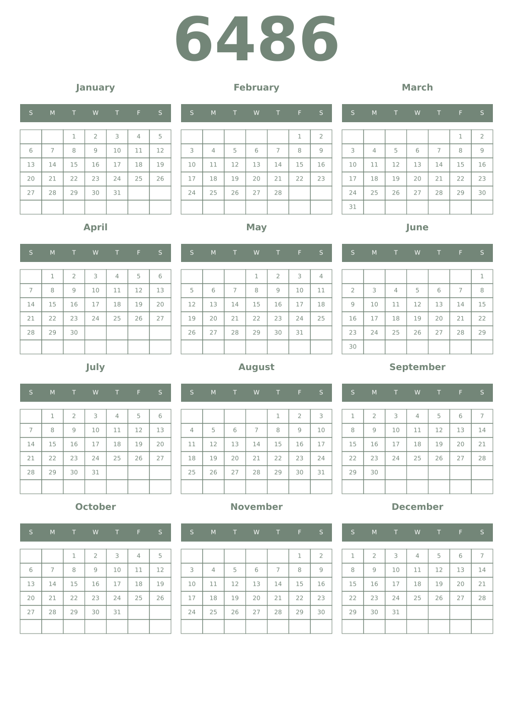 Printable 6486 Year Calendars xanadu