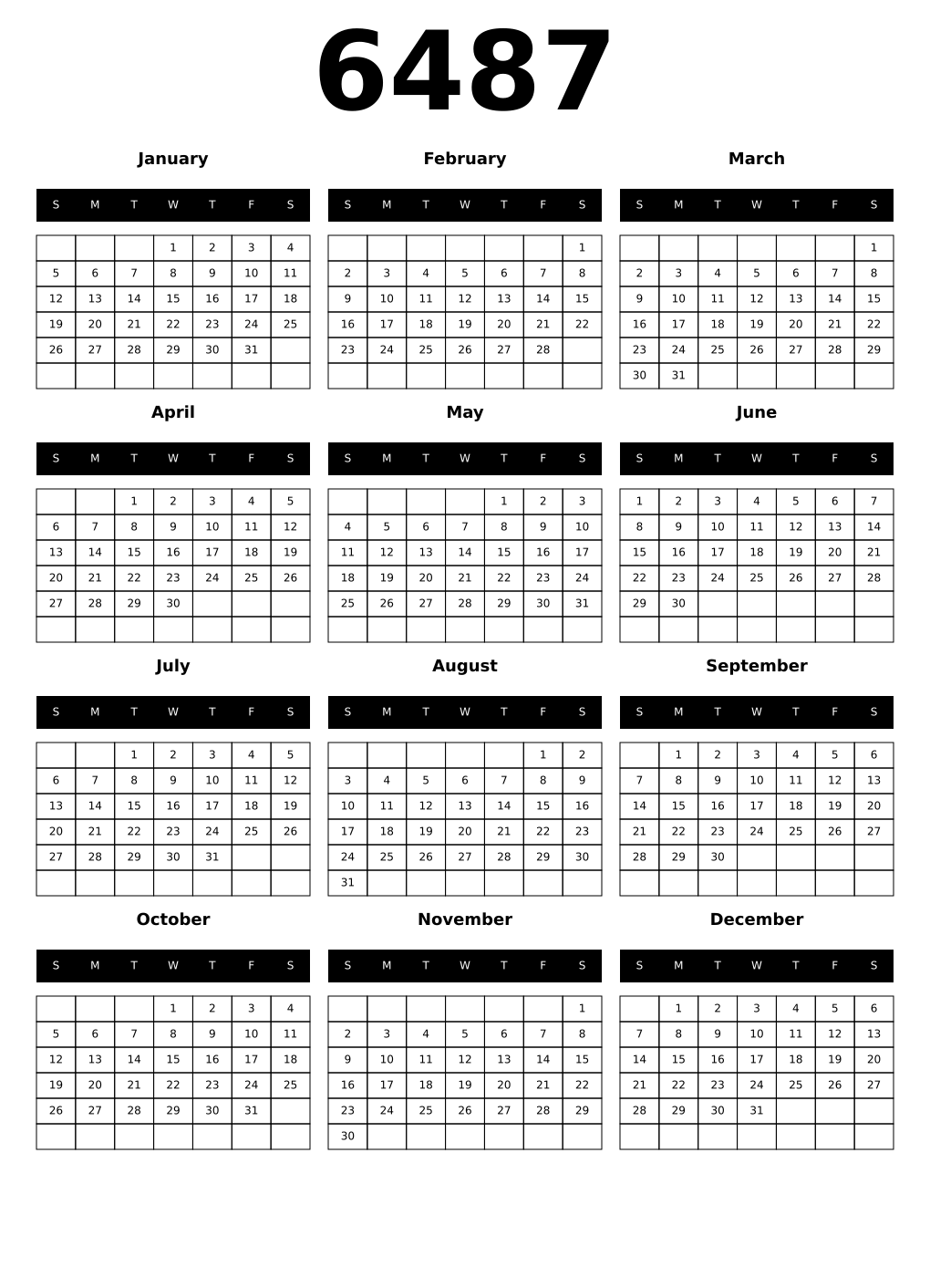 Printable 6487 Year Calendars black