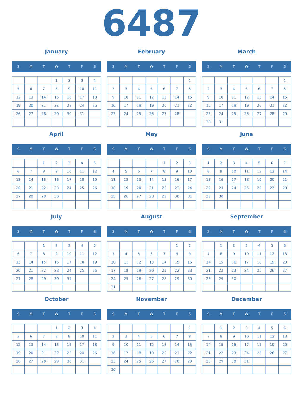 Printable 6487 Year Calendars blue
