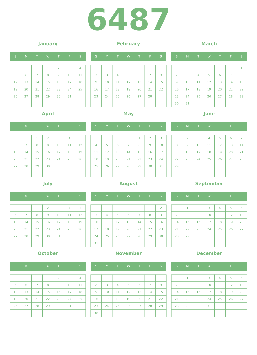 Printable 6487 Year Calendars celadon