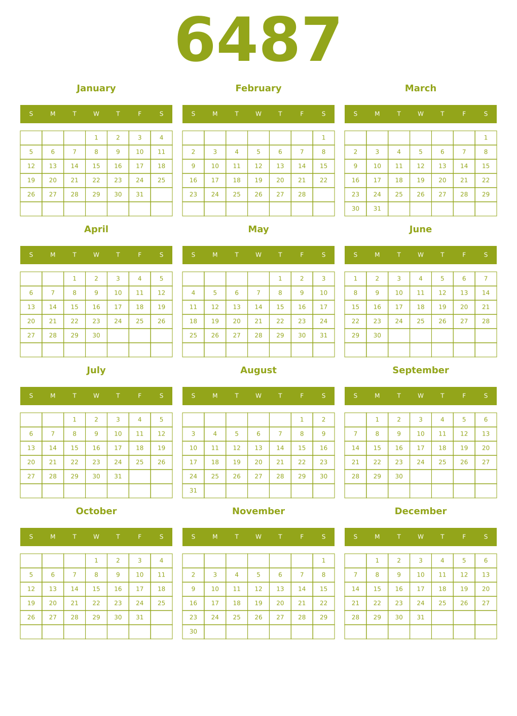 Printable 6487 Year Calendars chartreuse