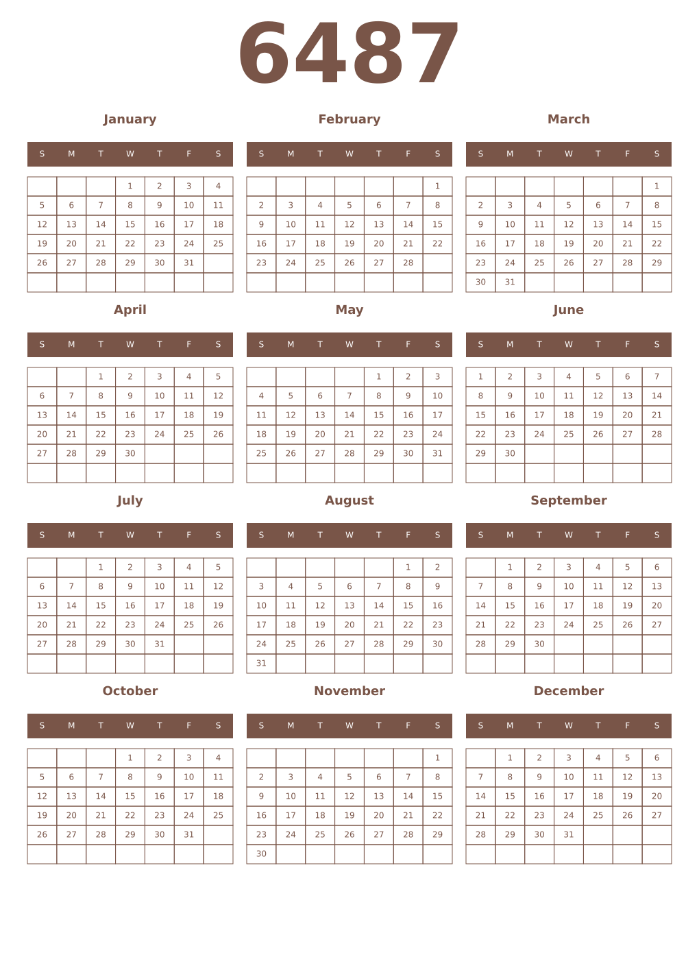 Printable 6487 Year Calendars coffe