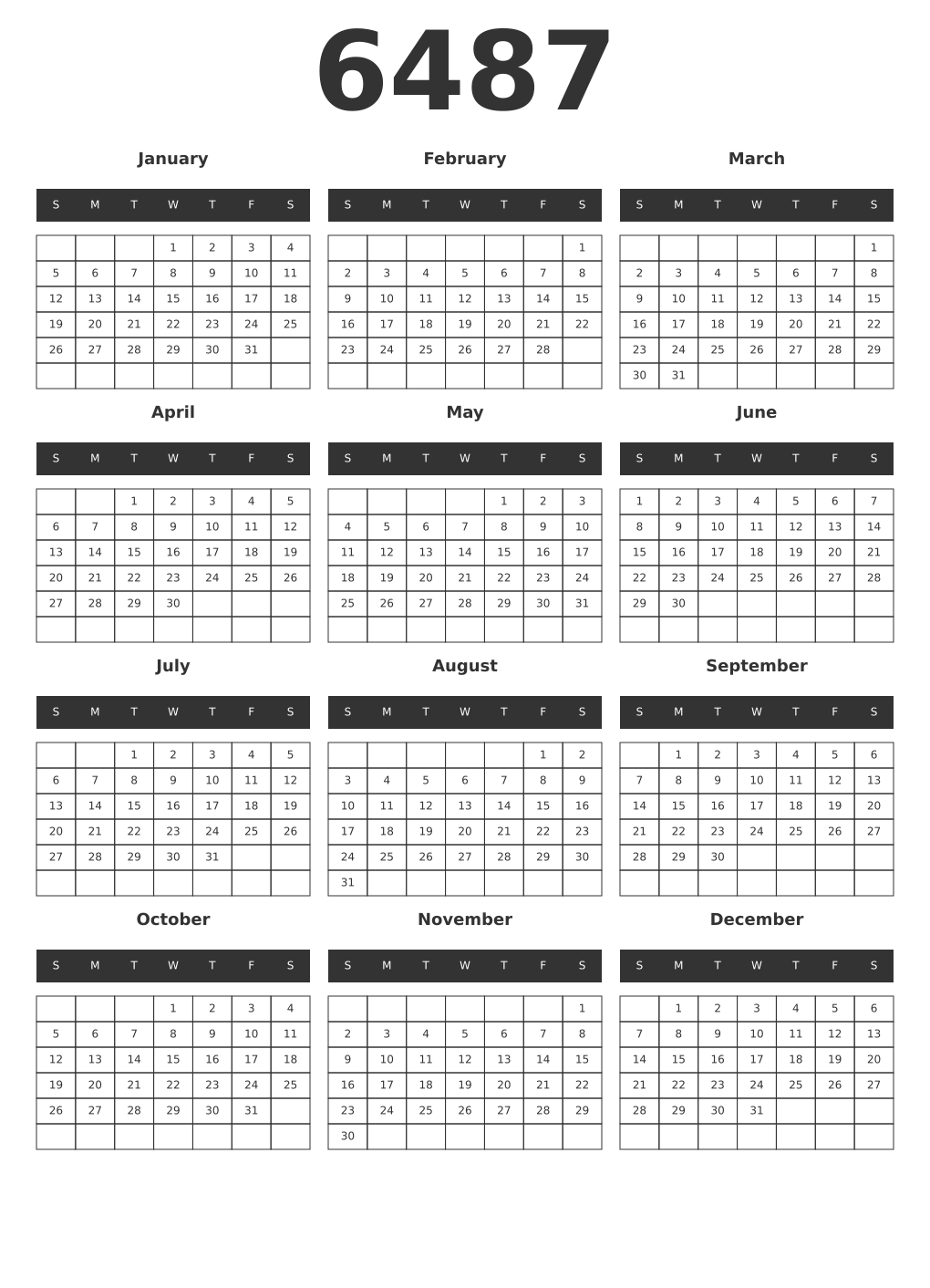 Printable 6487 Year Calendars dark