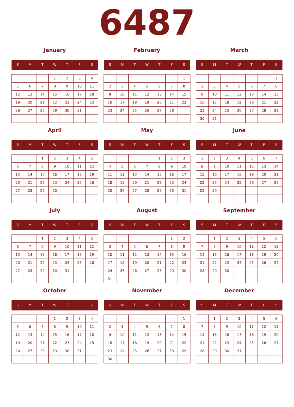Printable 6487 Year Calendars falu