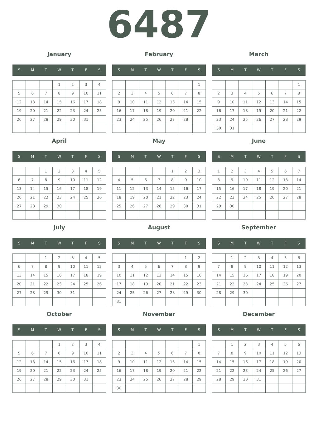 Printable 6487 Year Calendars feldgrau