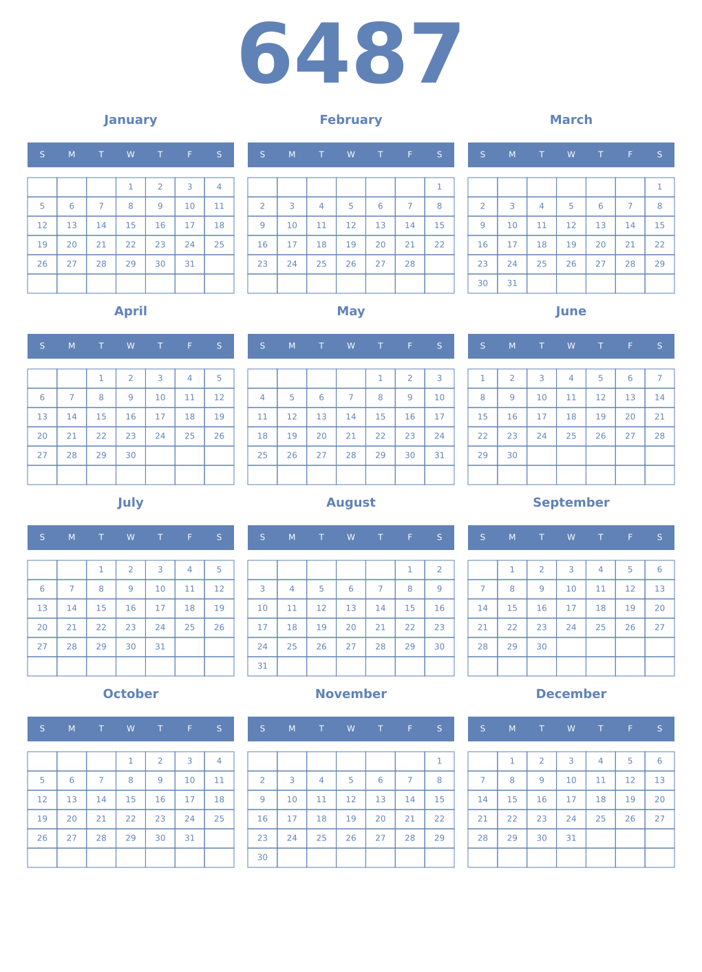 Printable 6487 Year Calendars glaucous