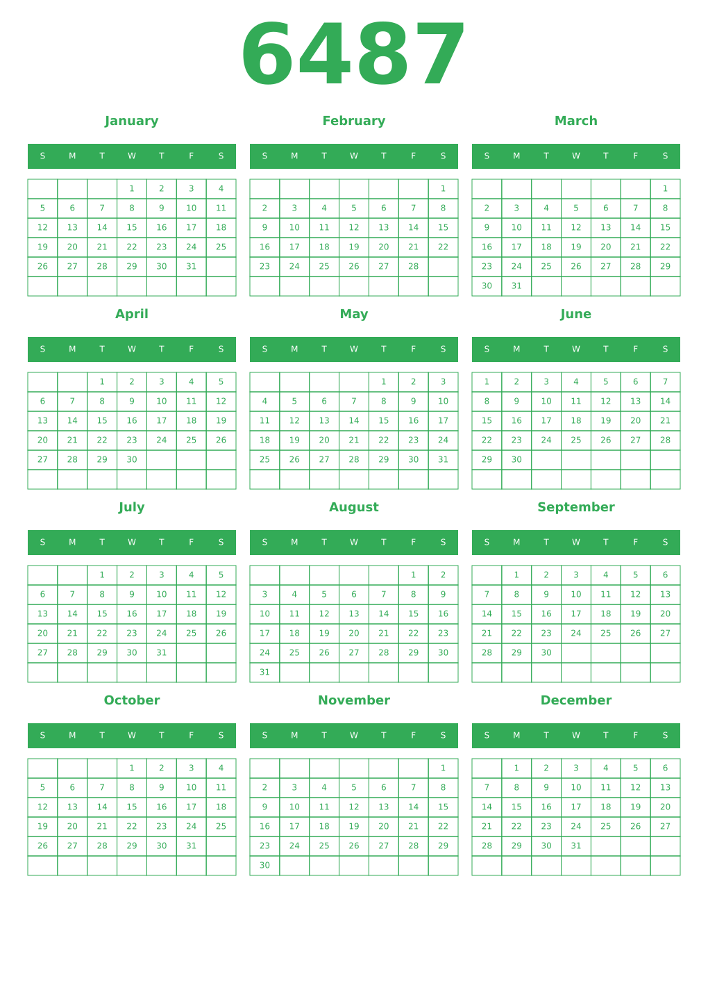 Printable 6487 Year Calendars green