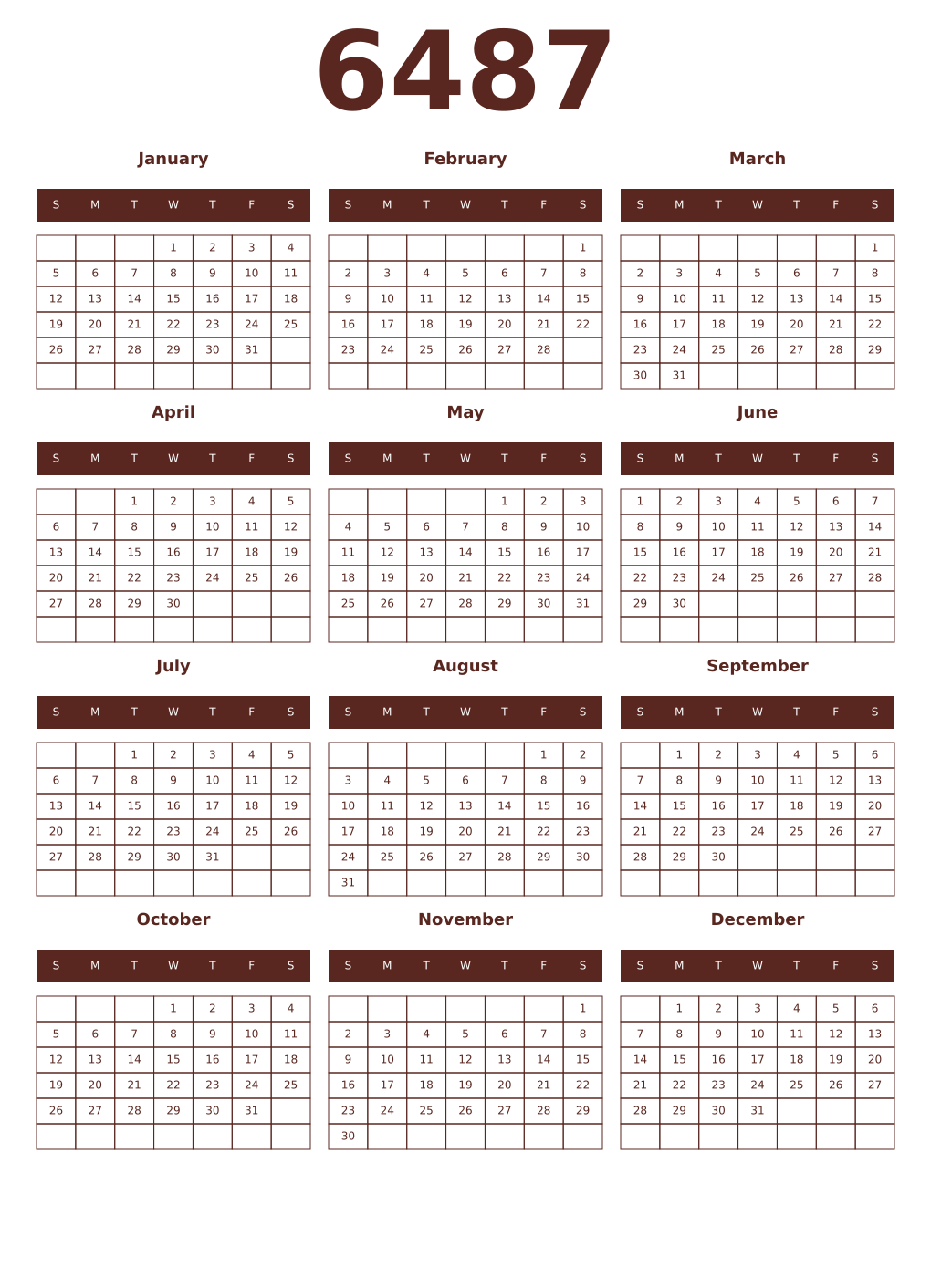 Printable 6487 Year Calendars mortuum