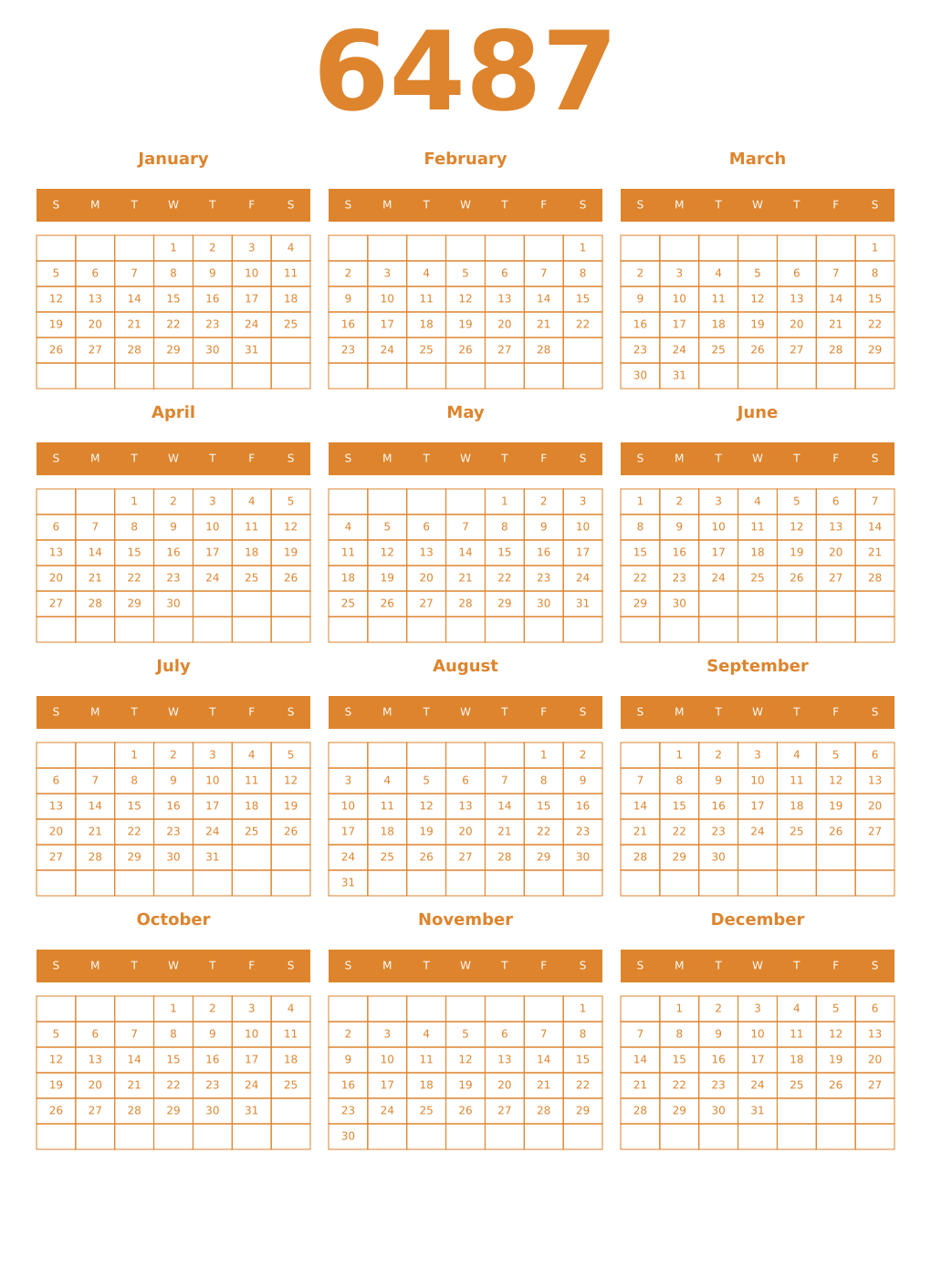 Printable 6487 Year Calendars orange