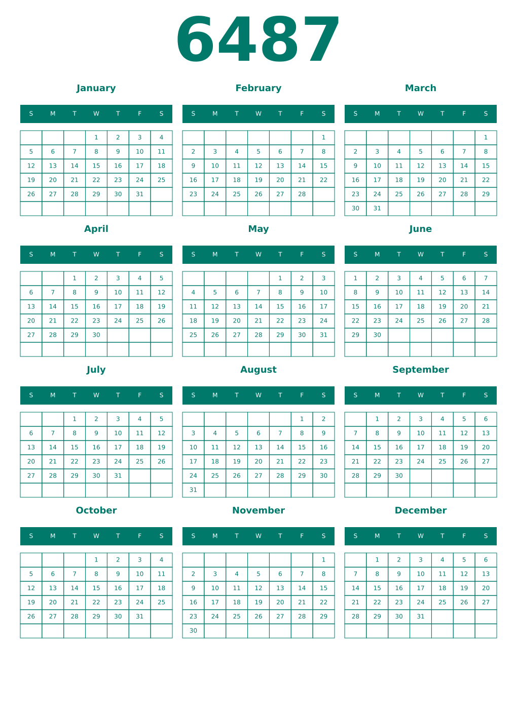 Printable 6487 Year Calendars pastel