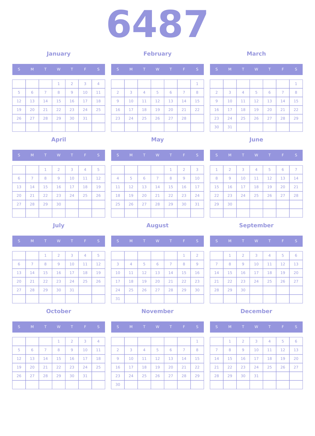 Printable 6487 Year Calendars periwinkle