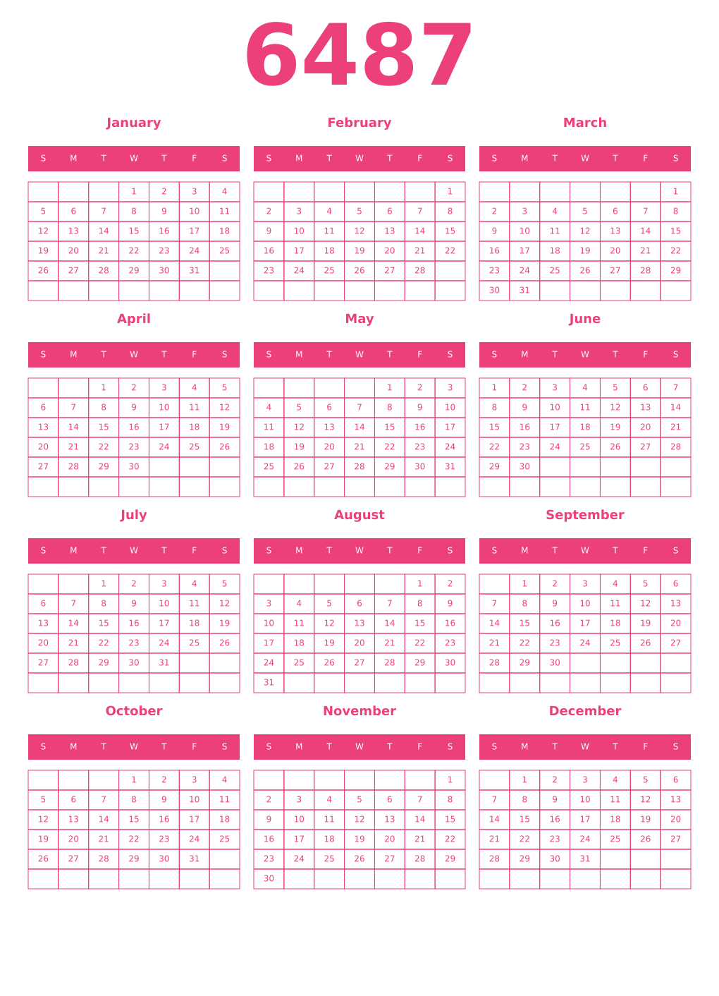 Printable 6487 Year Calendars pink