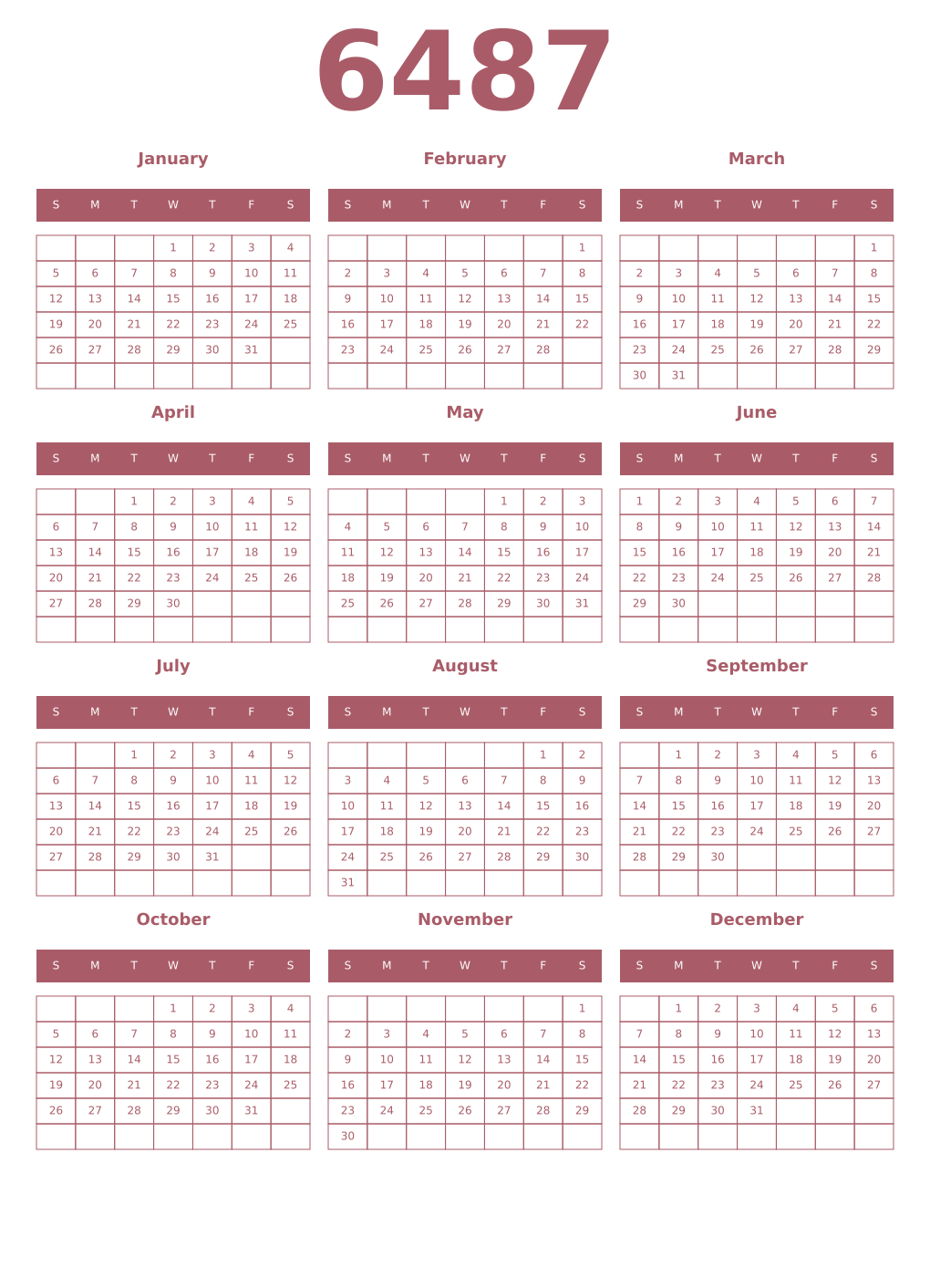 Printable 6487 Year Calendars puce