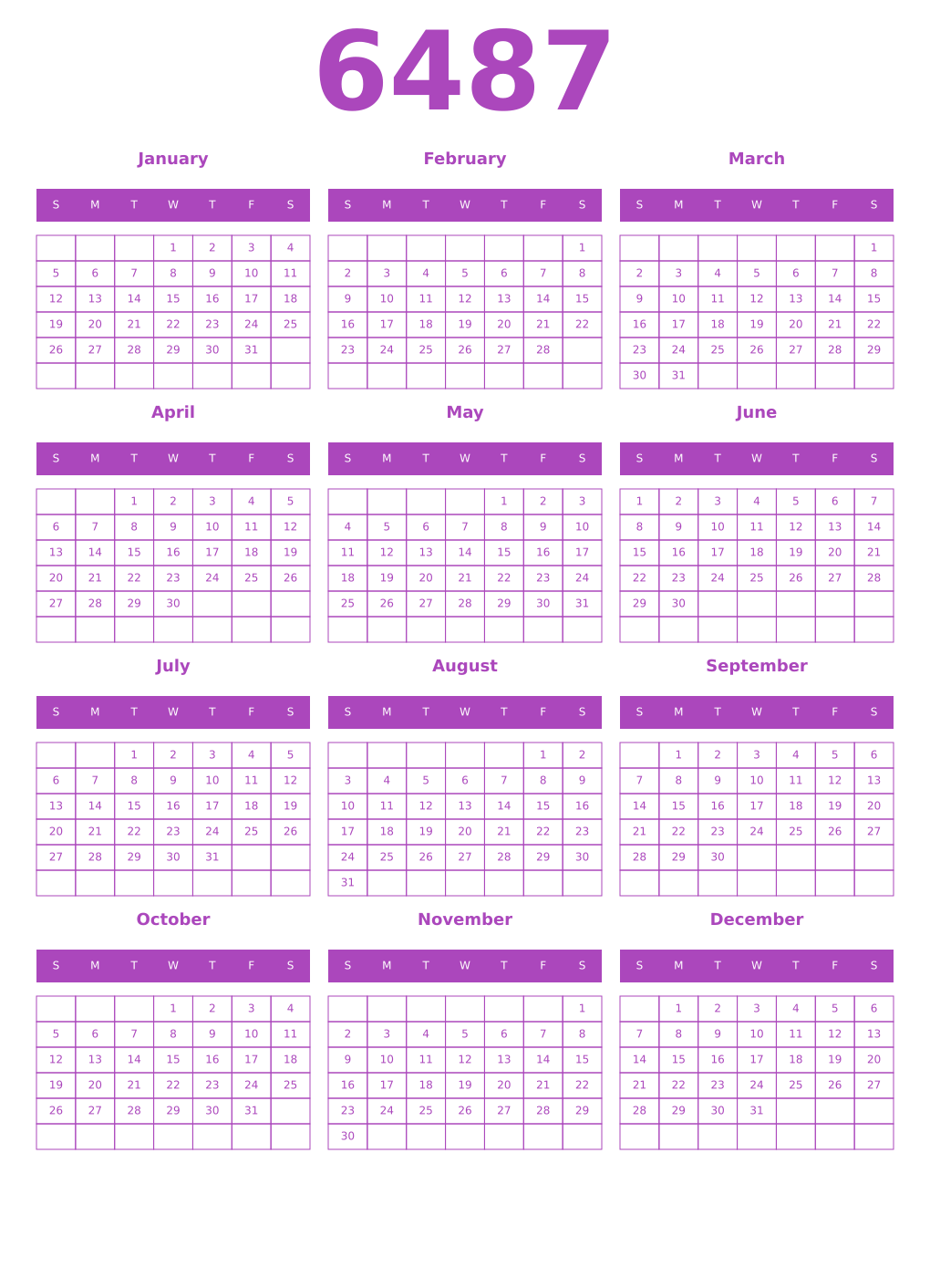 Printable 6487 Year Calendars purple