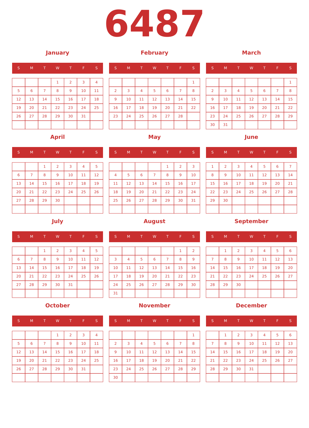 Printable 6487 Year Calendars red