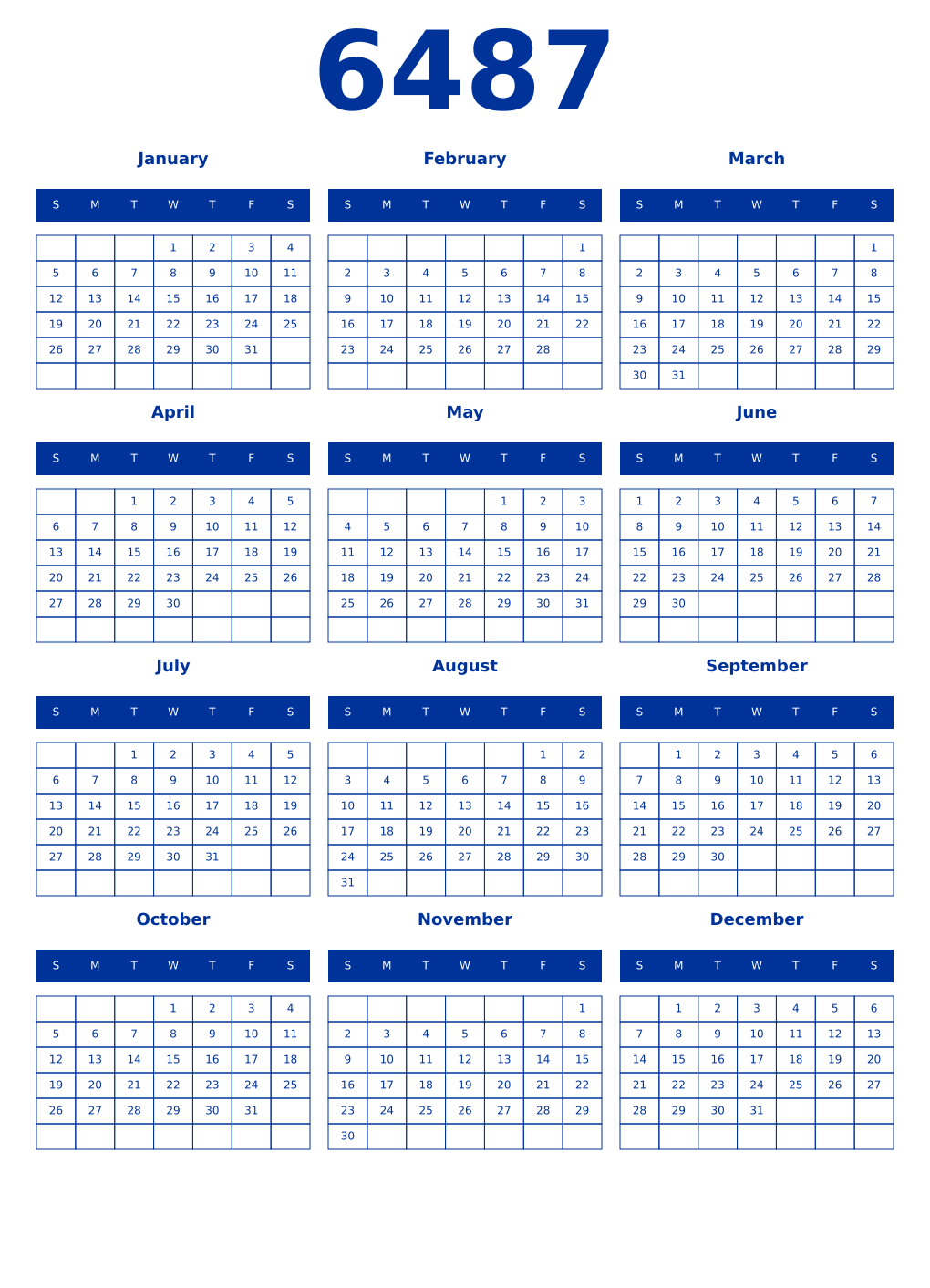 Printable 6487 Year Calendars smalt
