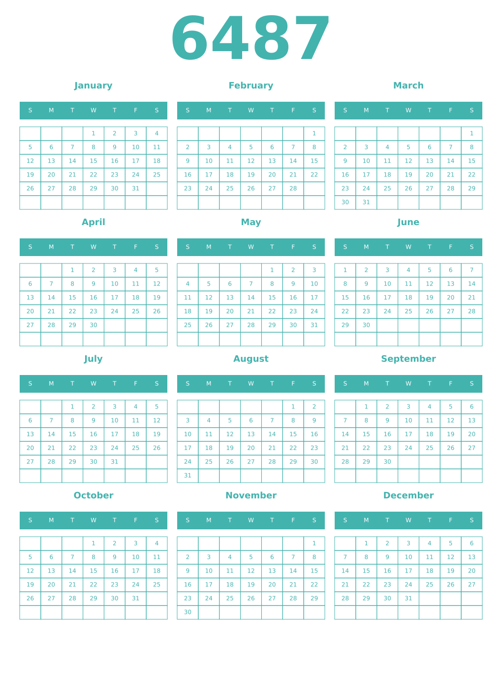 Printable 6487 Year Calendars verdigris