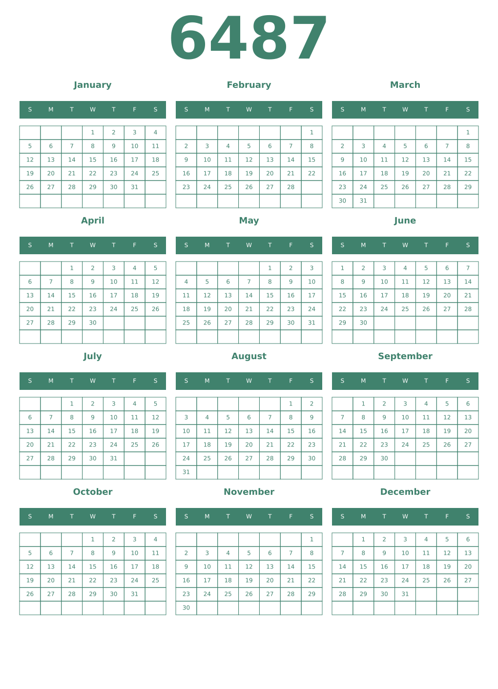 Printable 6487 Year Calendars viridian