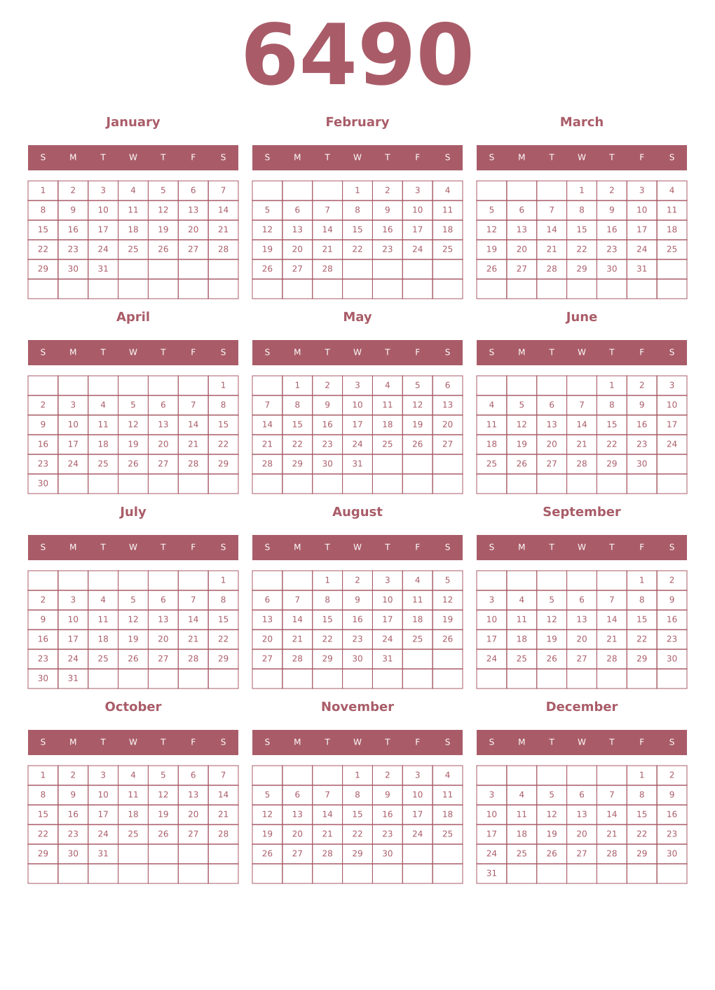 Printable 6490 Year Calendars puce