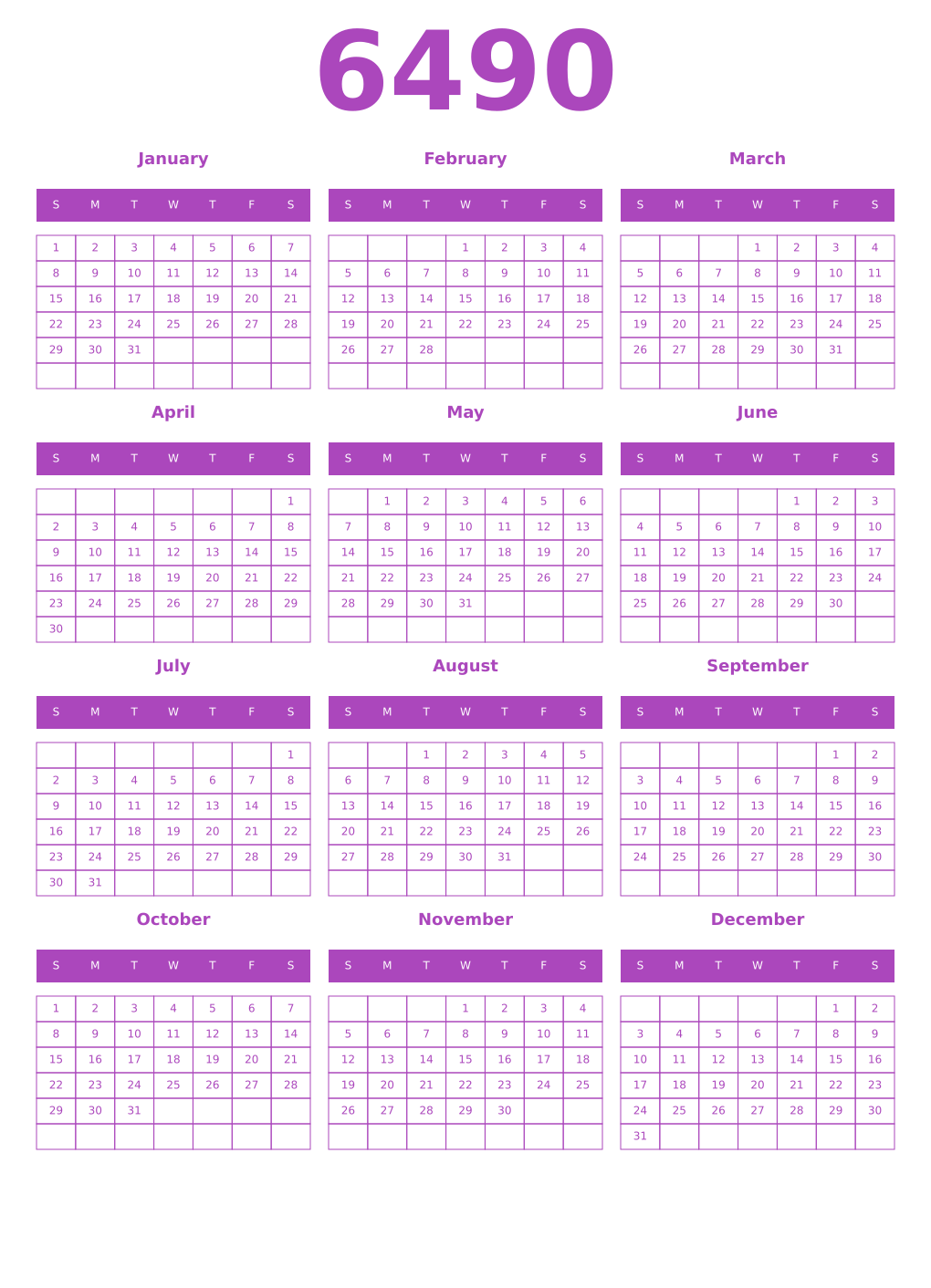 Printable 6490 Year Calendars purple