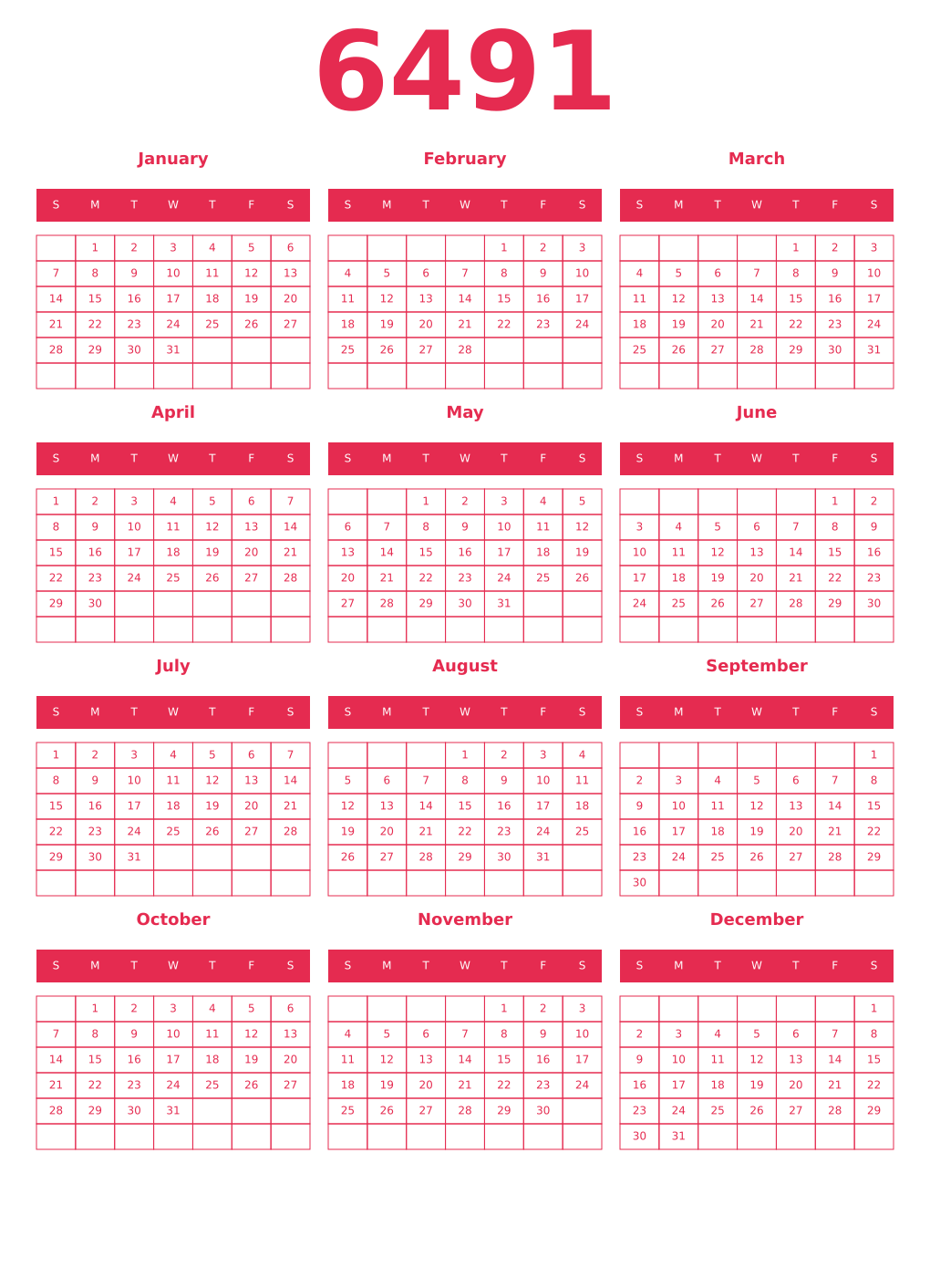 Printable 6491 Year Calendars amaranth