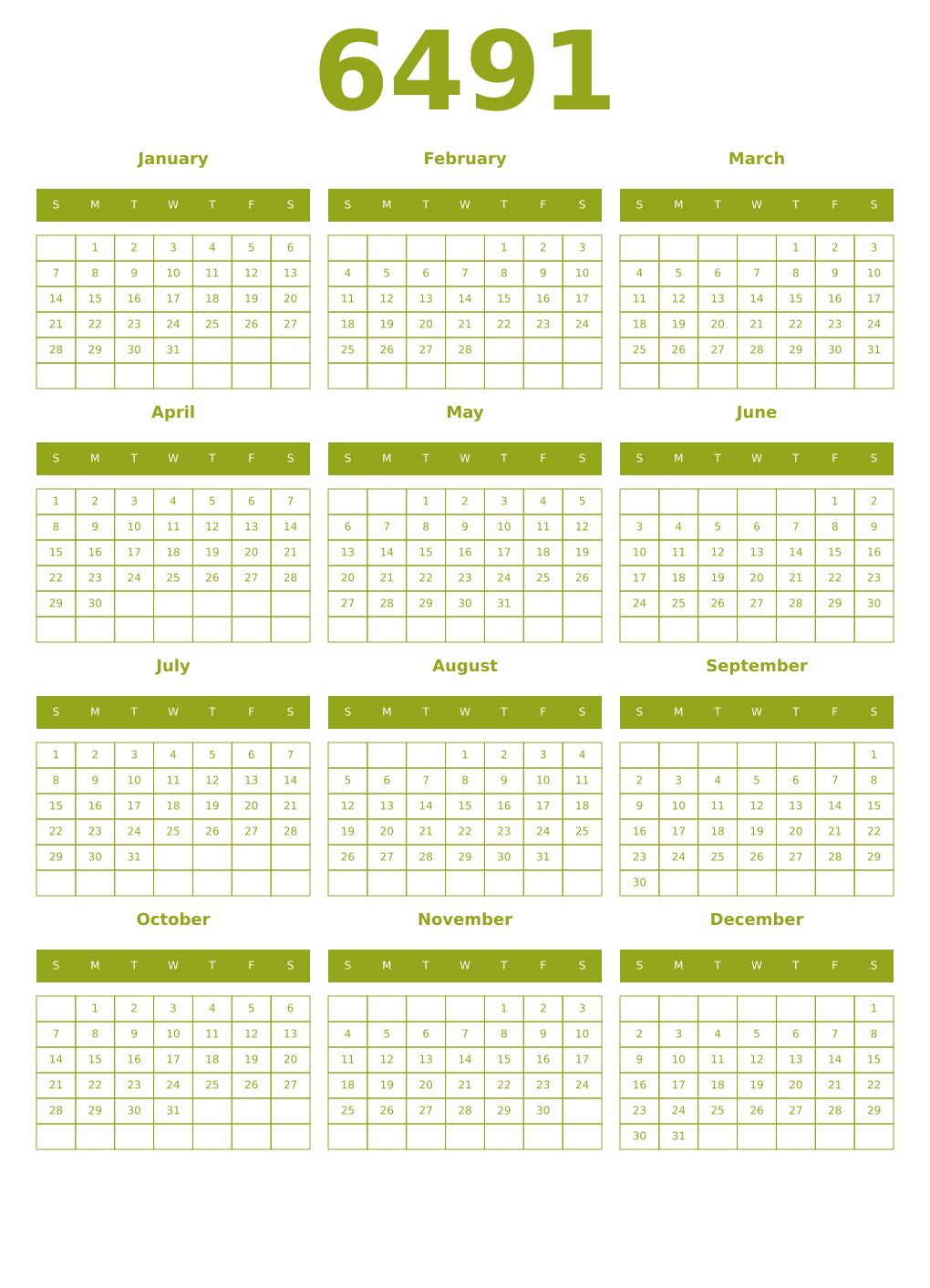 Printable 6491 Year Calendars chartreuse