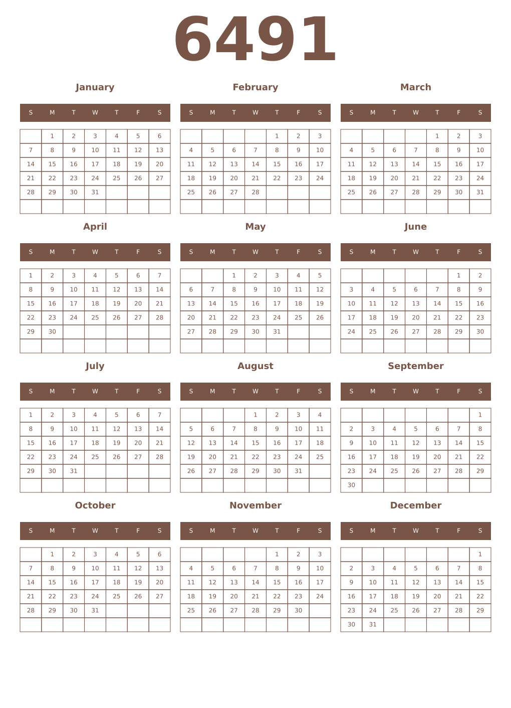Printable 6491 Year Calendars coffe