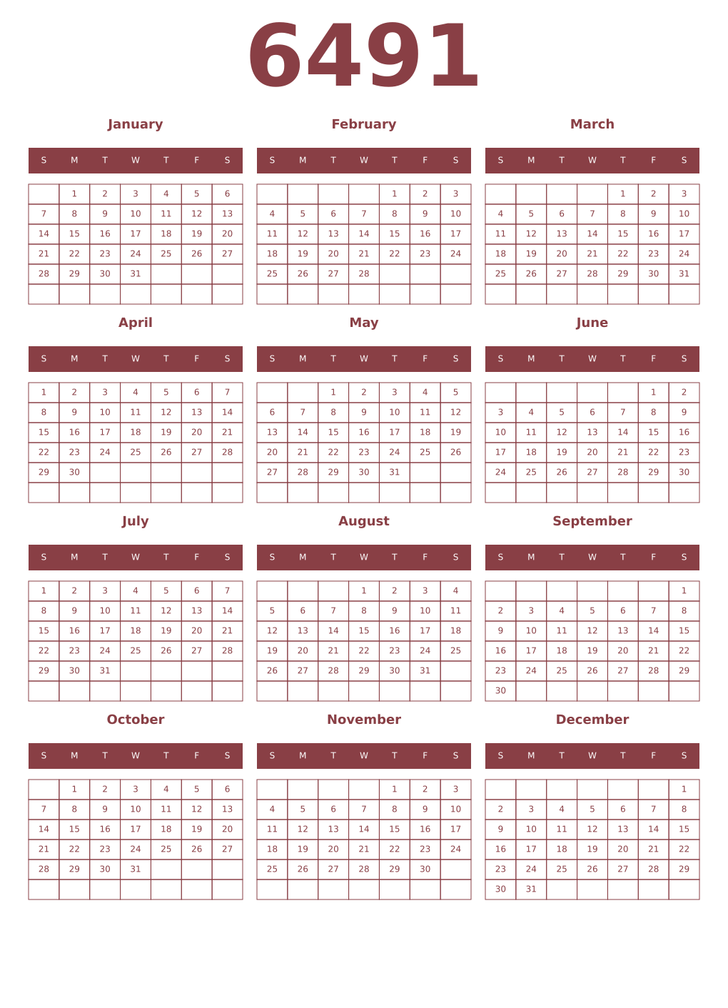 Printable 6491 Year Calendars cordovan
