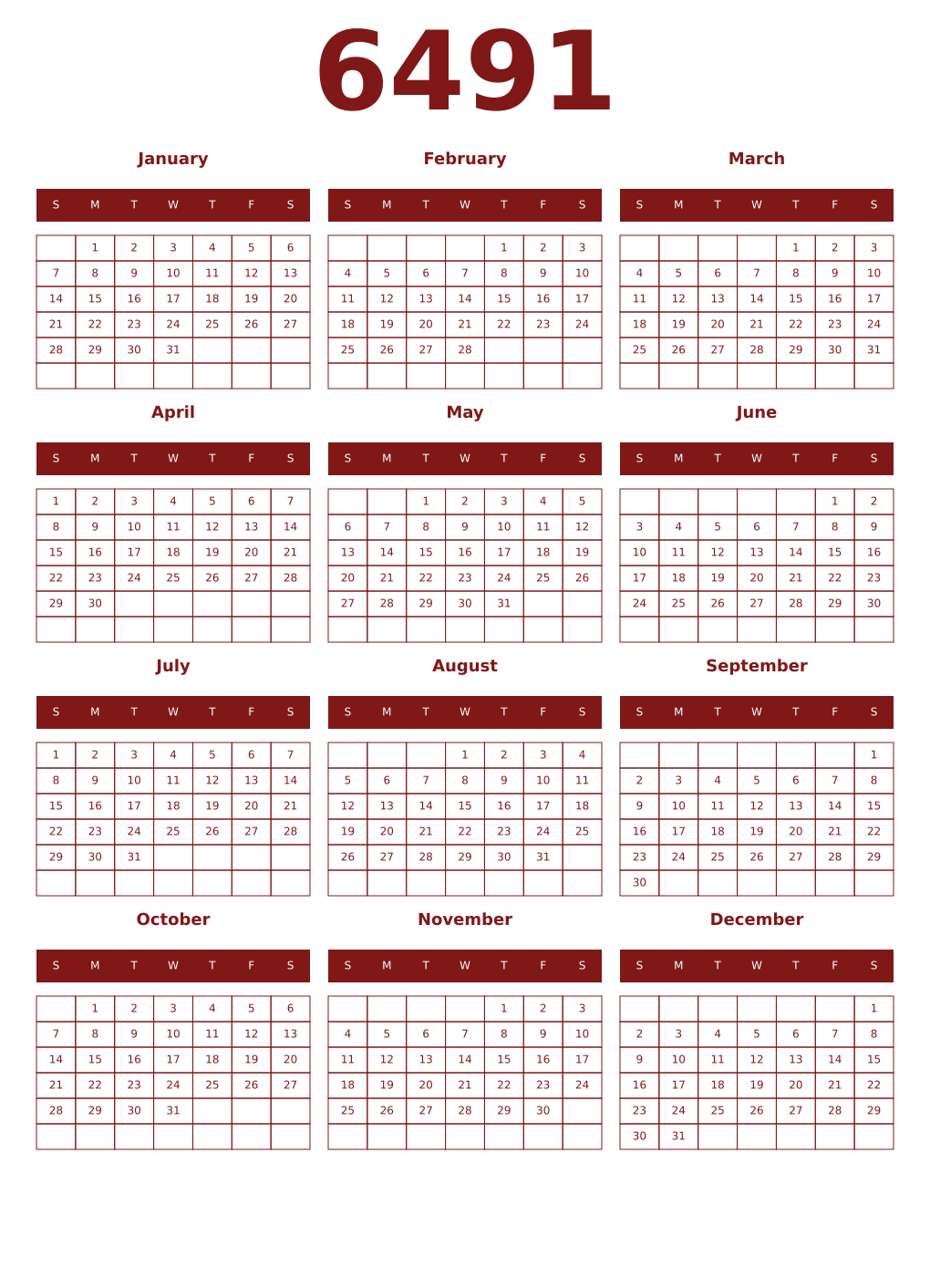 Printable 6491 Year Calendars falu