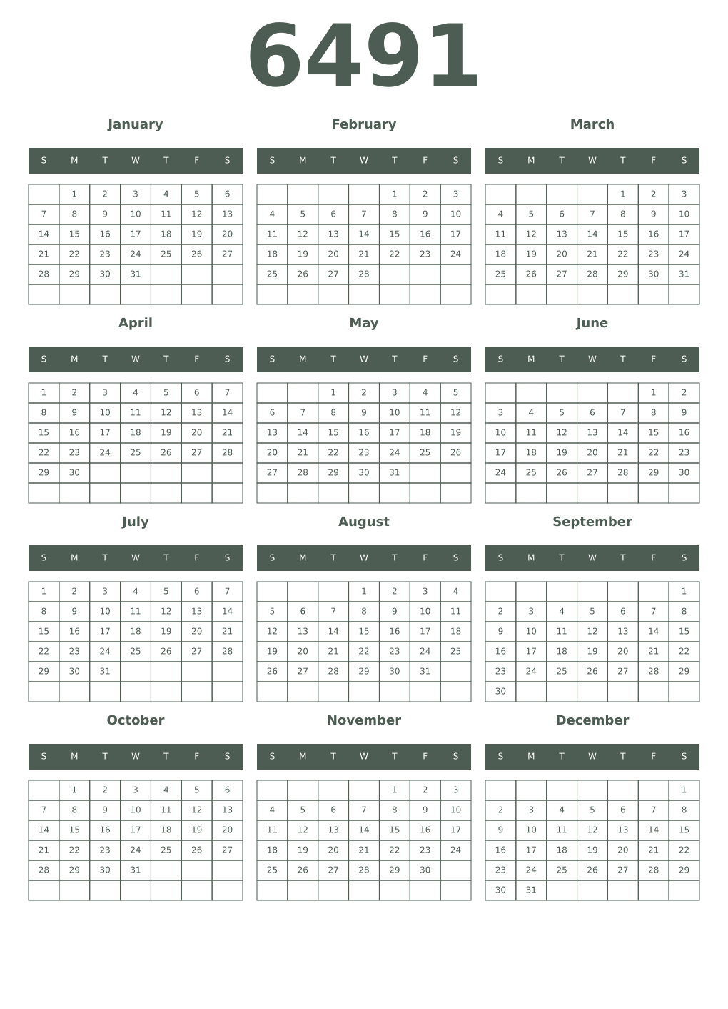 Printable 6491 Year Calendars feldgrau