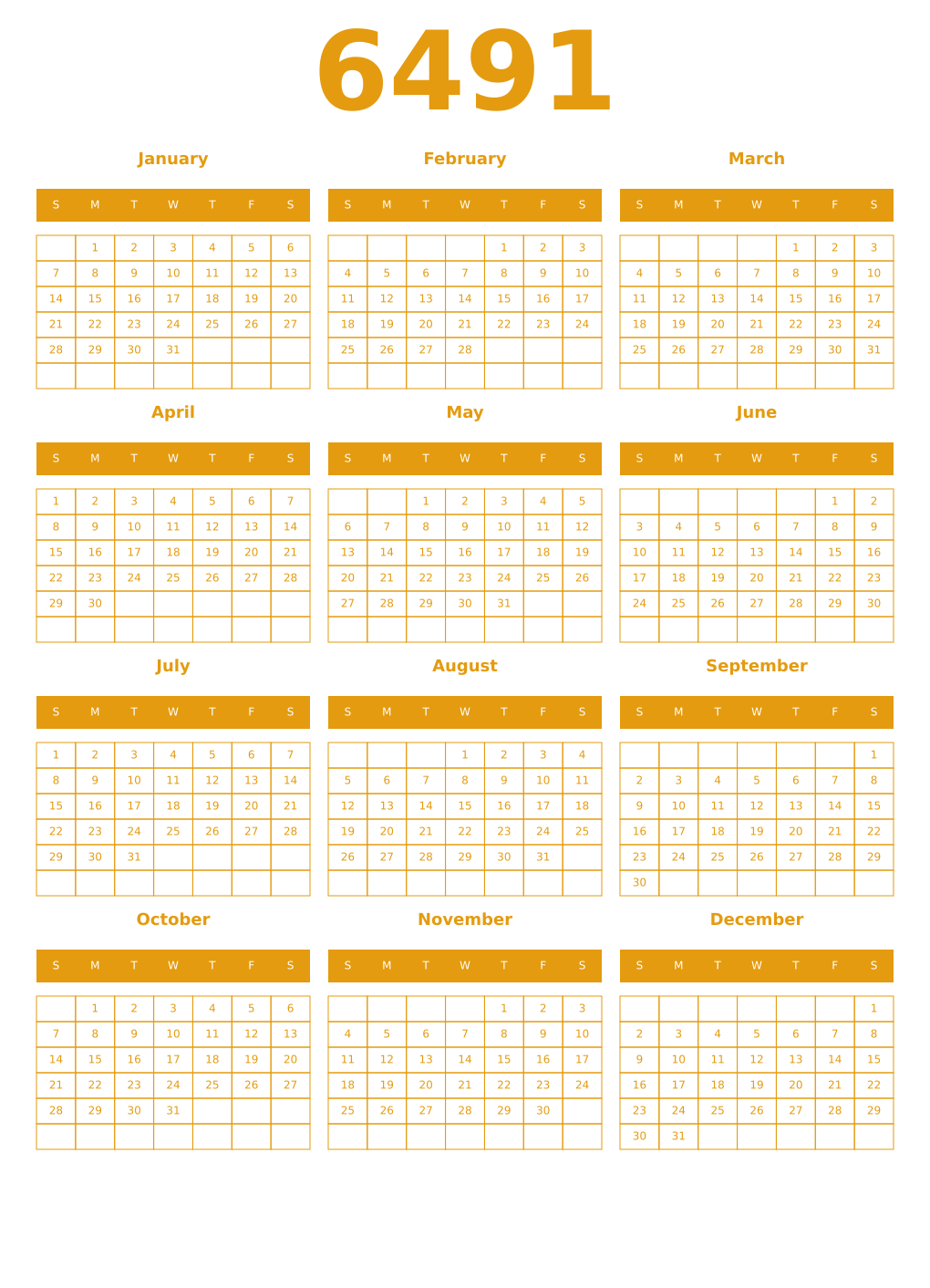 Printable 6491 Year Calendars gamboge