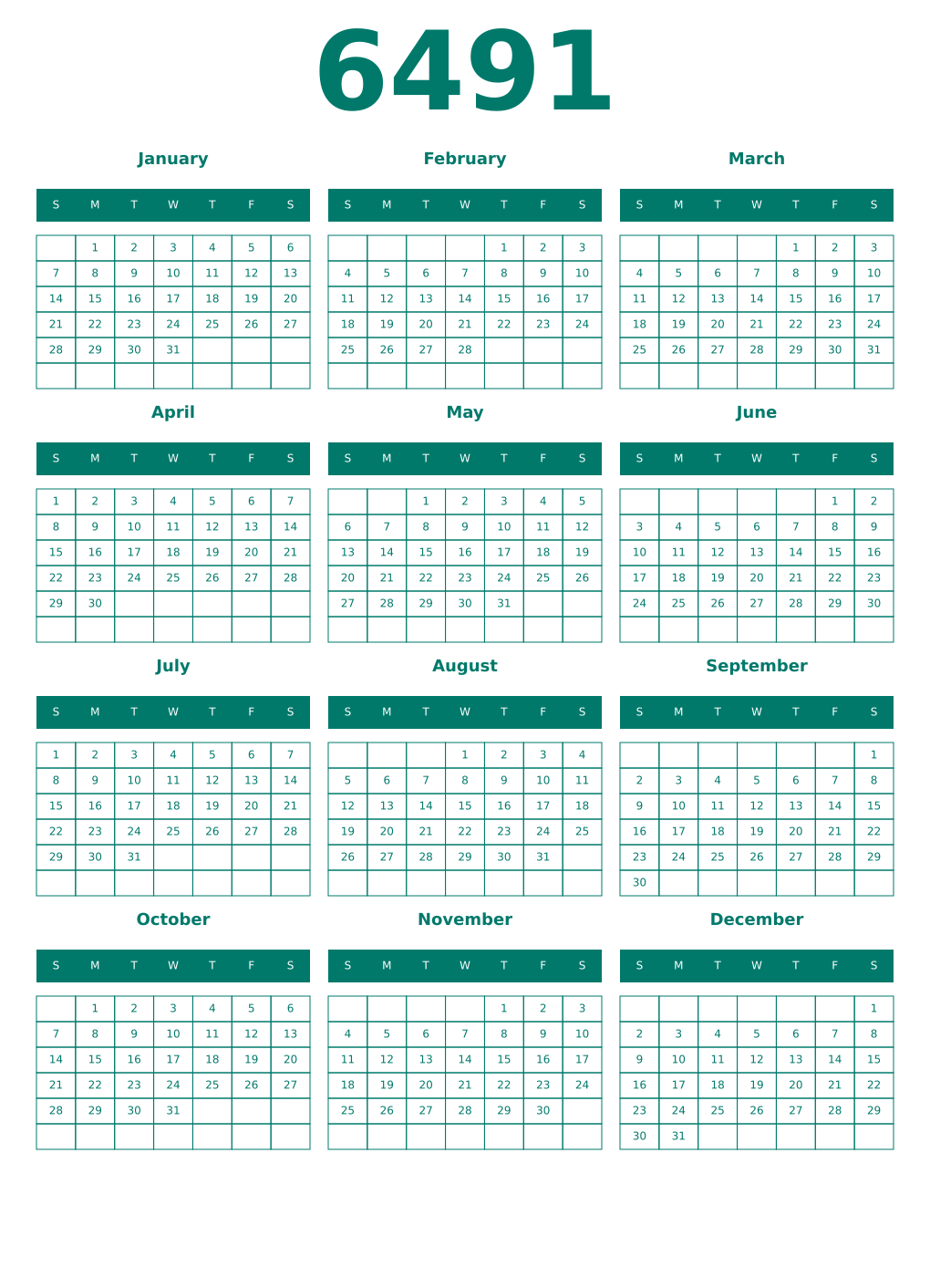 Printable 6491 Year Calendars pastel