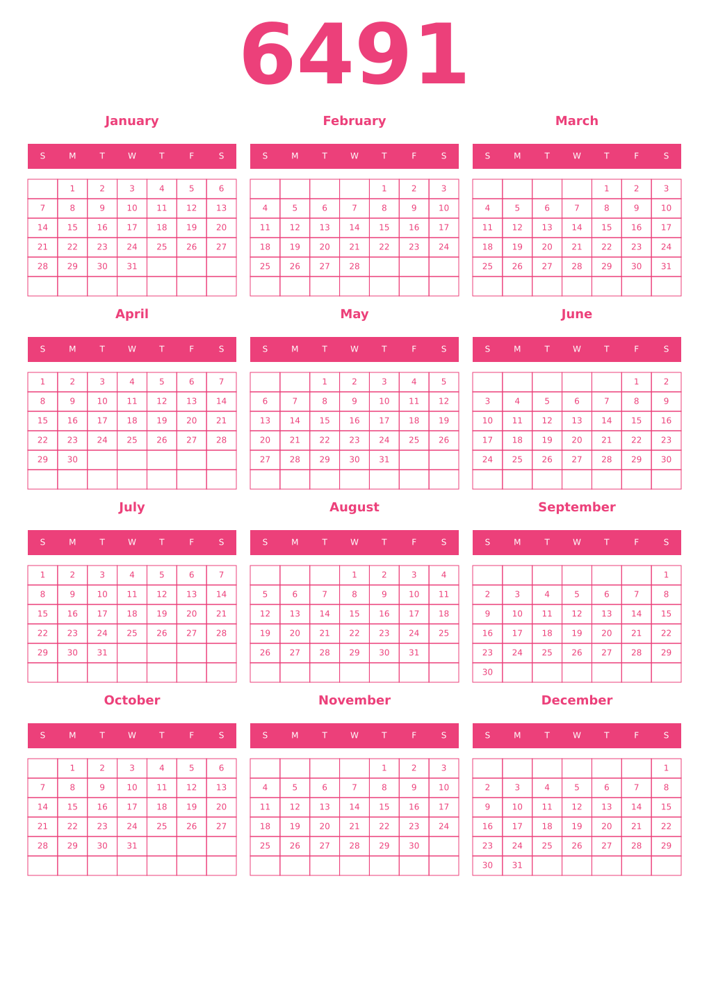 Printable 6491 Year Calendars pink