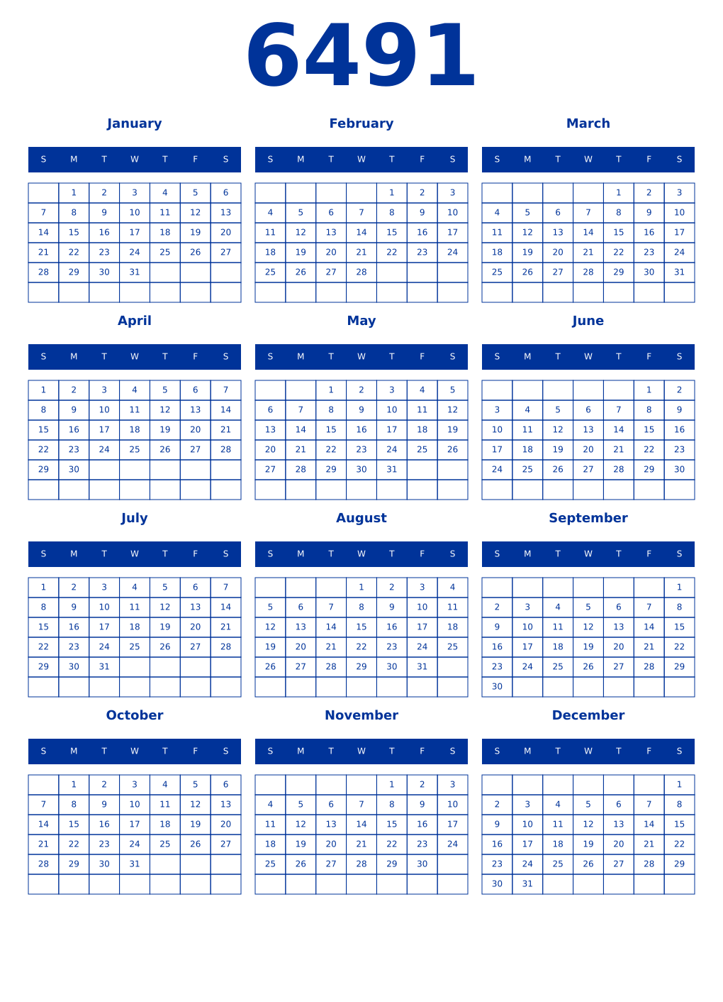 Printable 6491 Year Calendars smalt