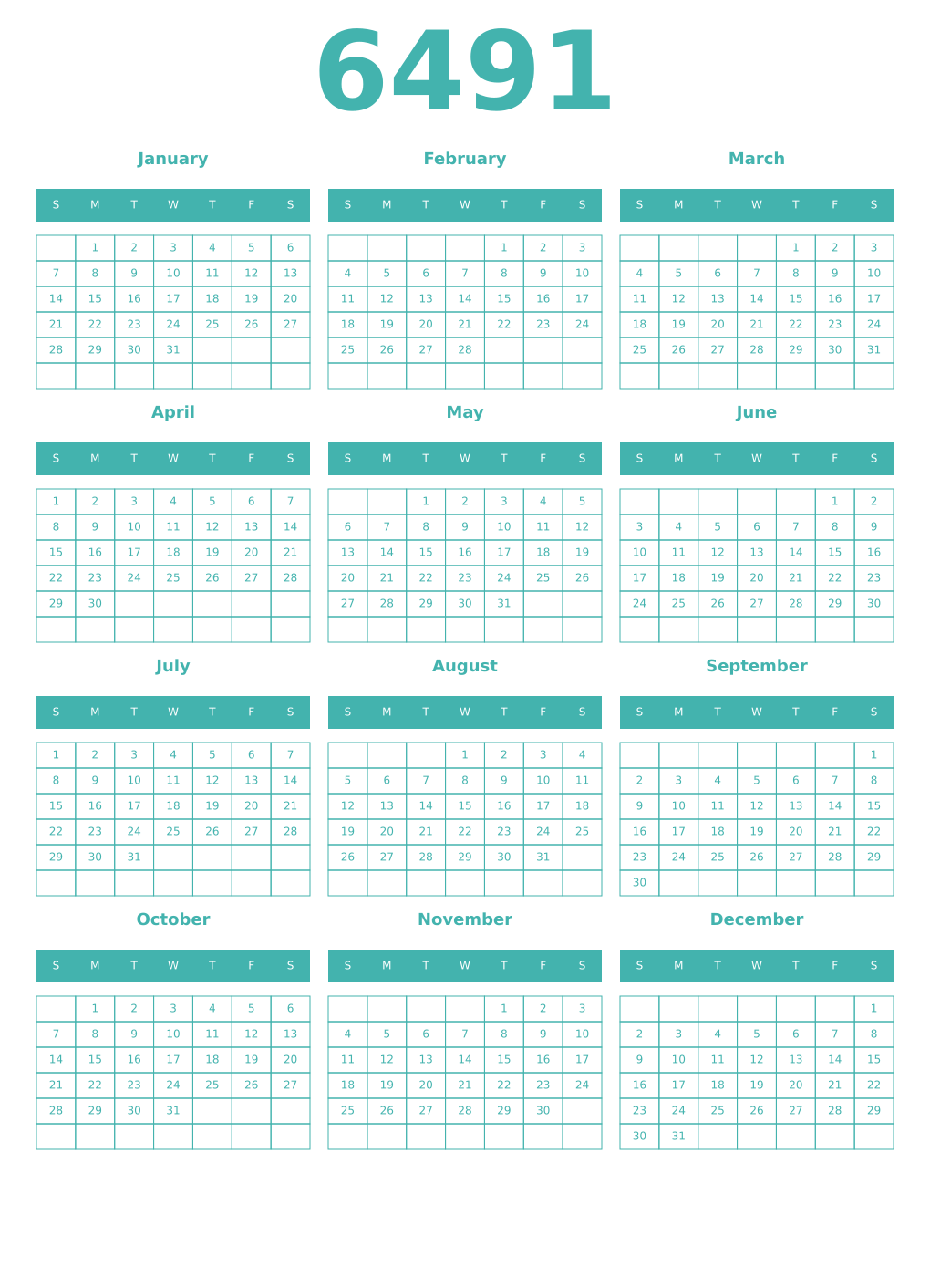 Printable 6491 Year Calendars verdigris