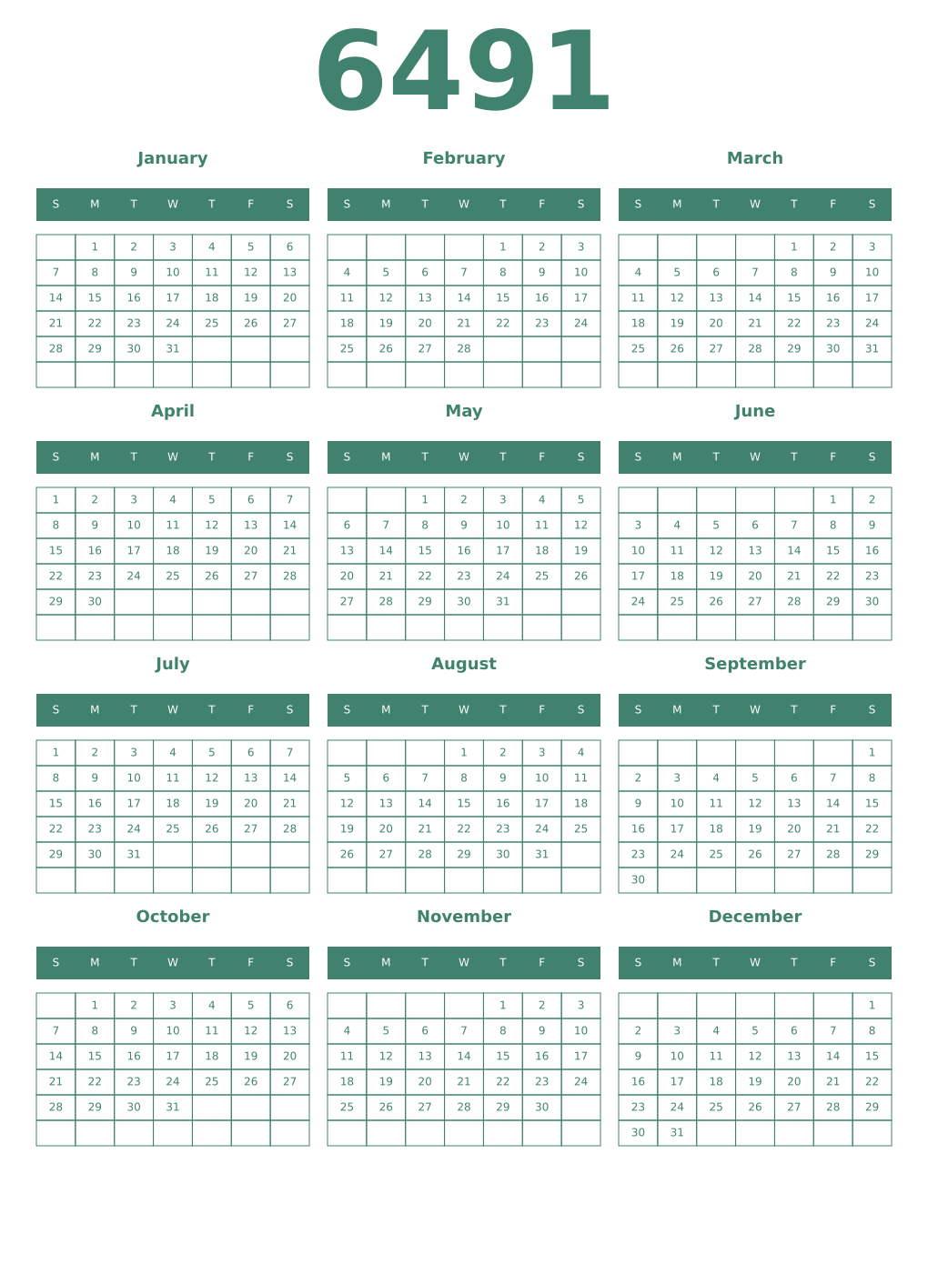 Printable 6491 Year Calendars viridian