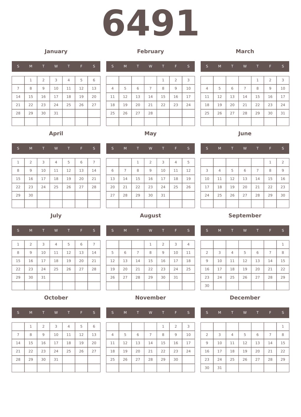 Printable 6491 Year Calendars wenge