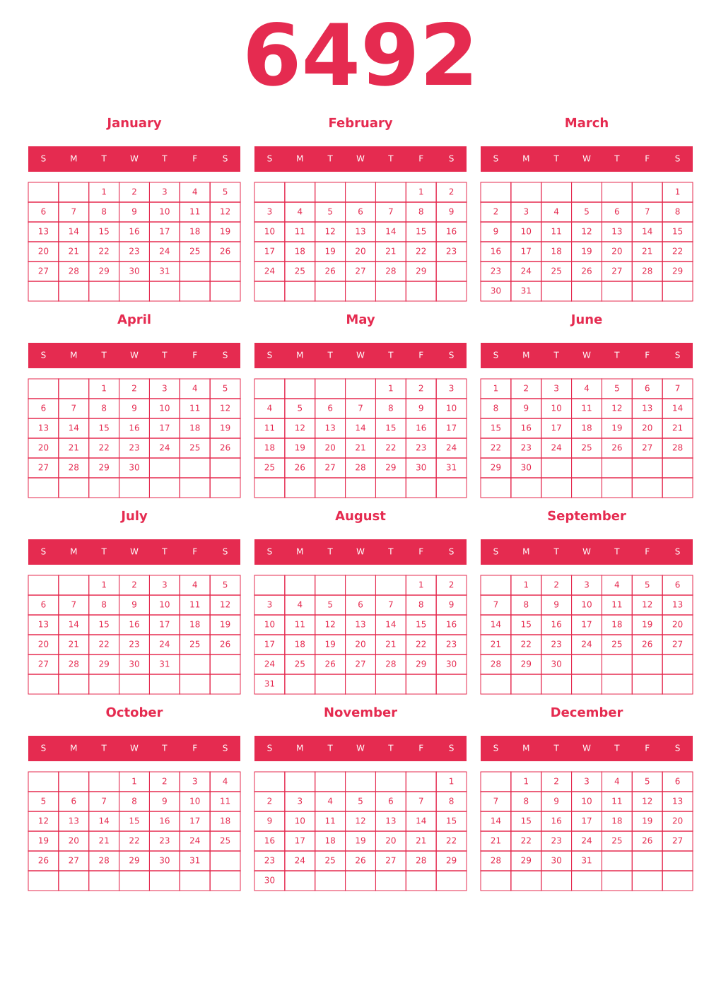 Printable 6492 Year Calendars amaranth