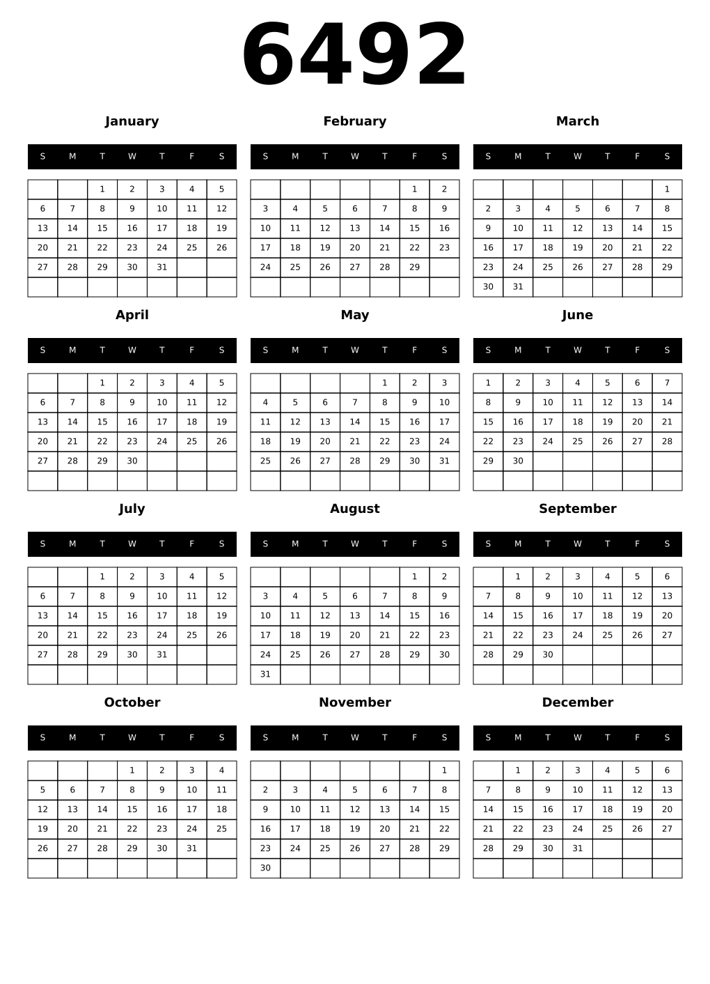 Printable 6492 Year Calendars black