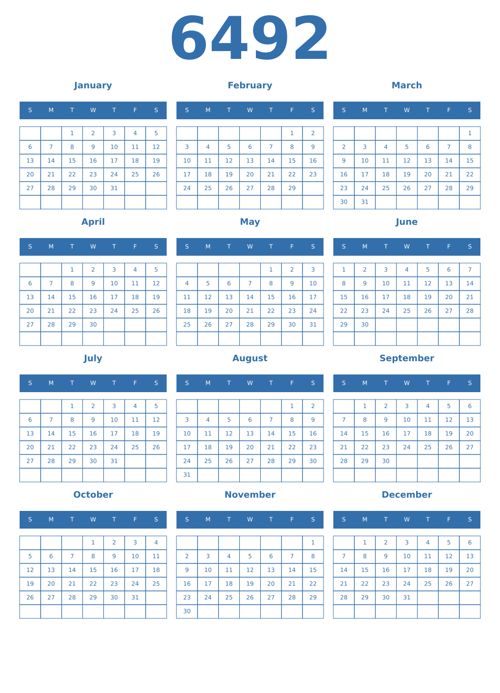 Printable 6492 Year Calendars blue