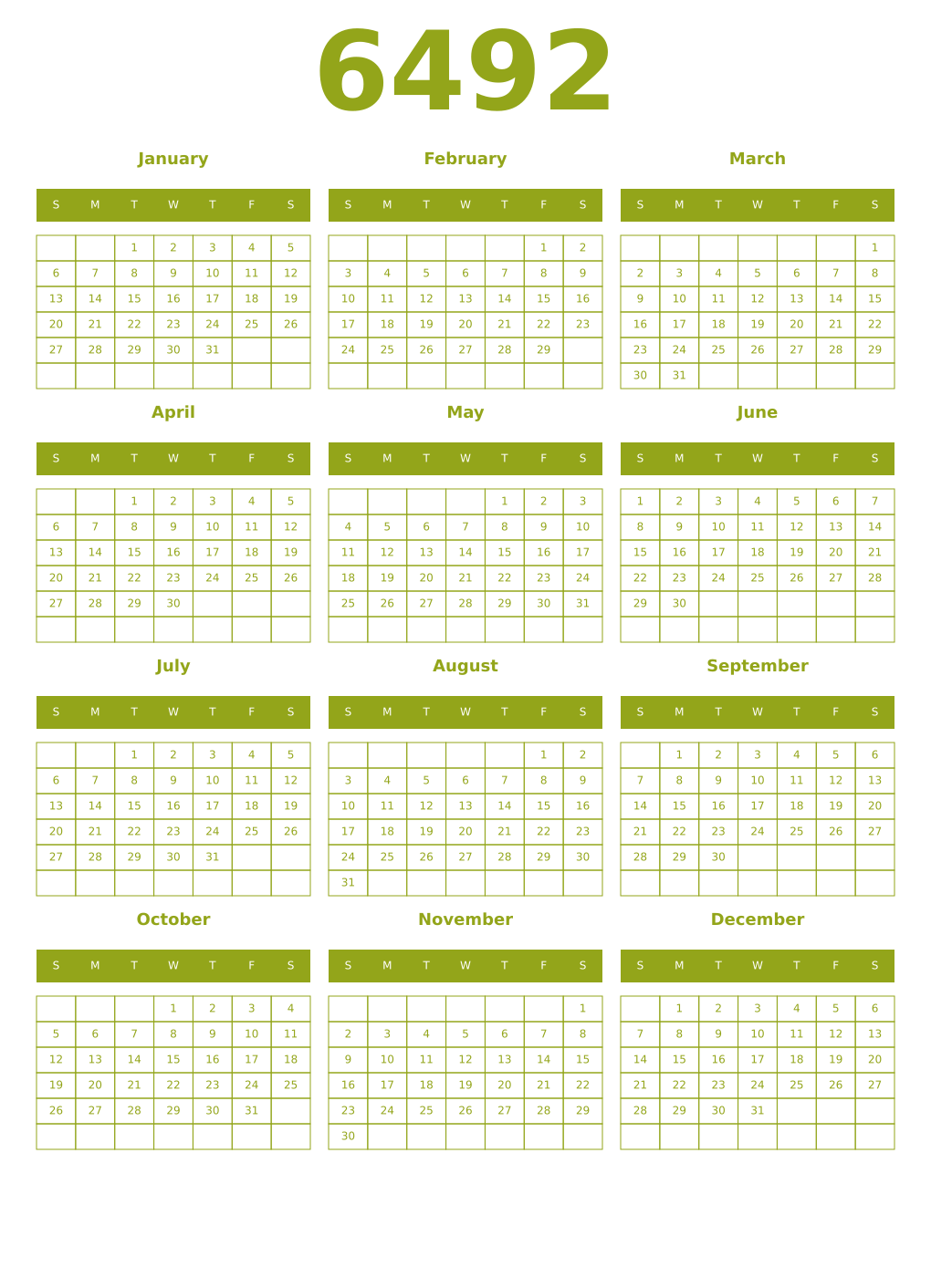 Printable 6492 Year Calendars chartreuse