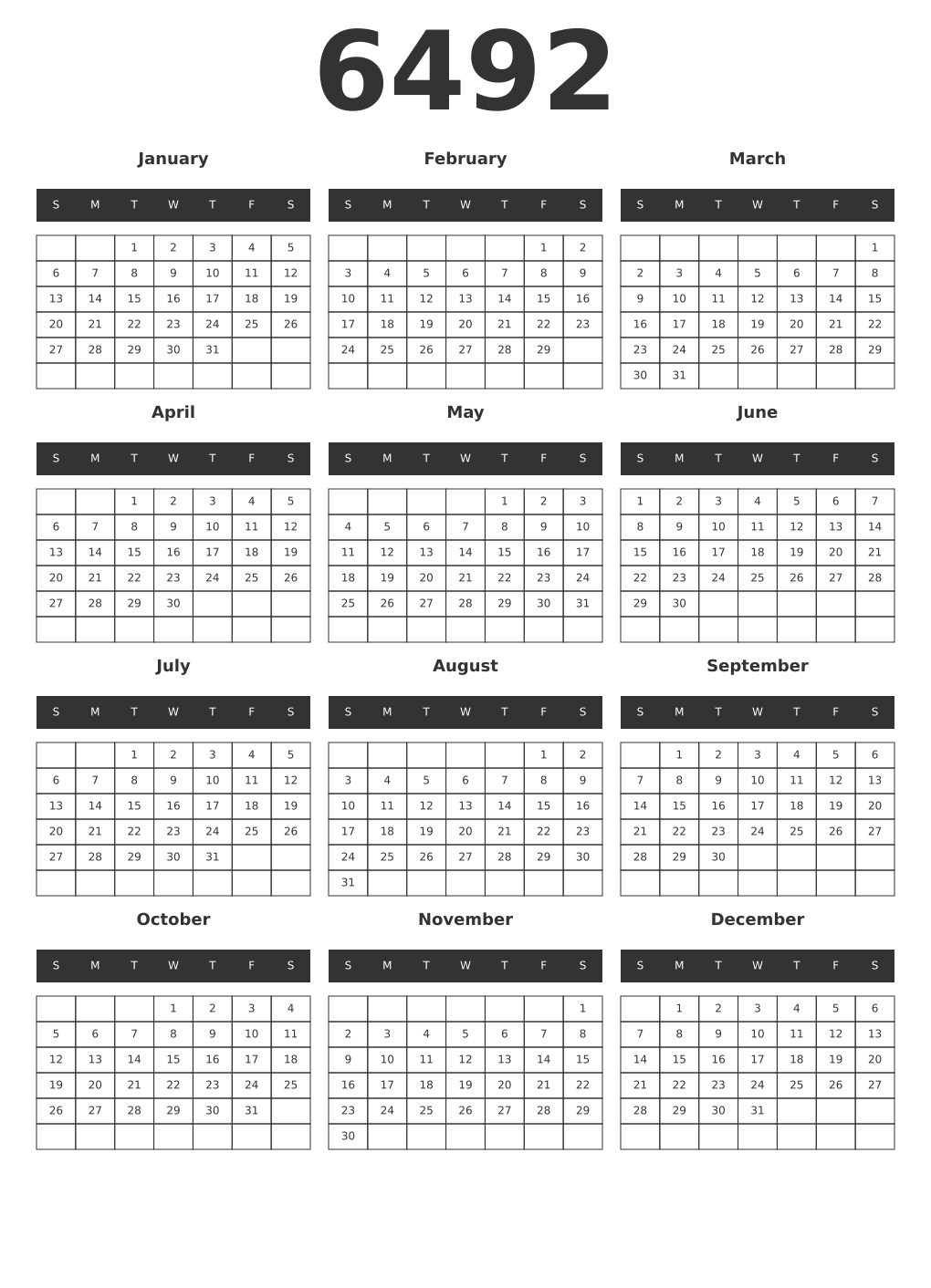Printable 6492 Year Calendars dark