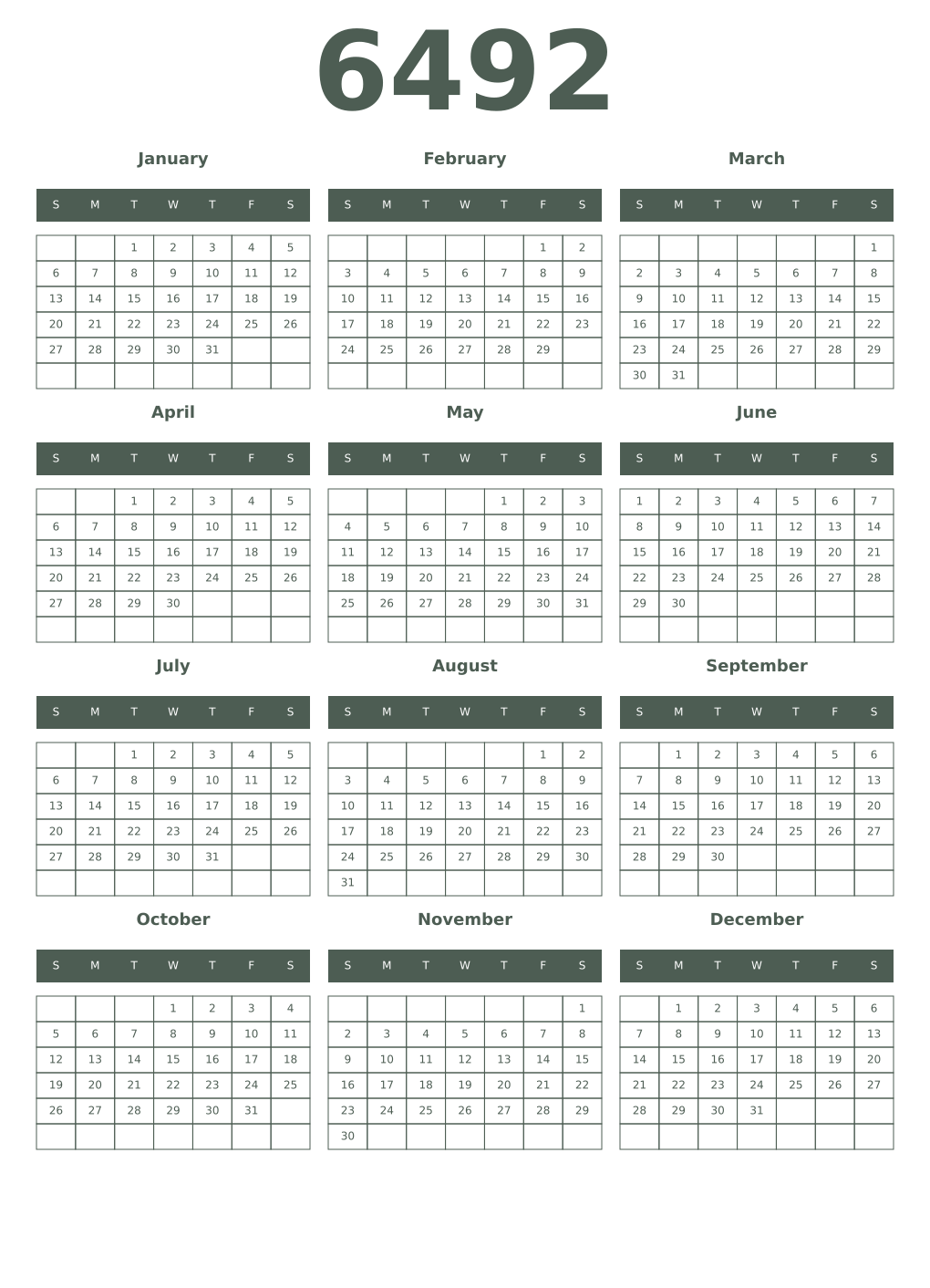 Printable 6492 Year Calendars feldgrau