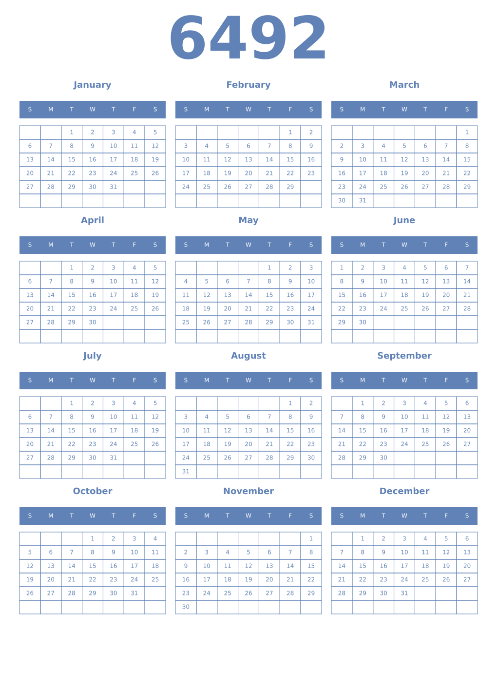 Printable 6492 Year Calendars glaucous