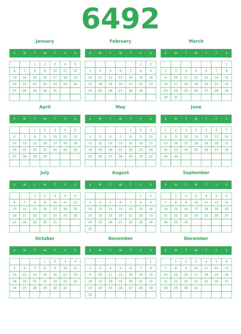 Printable 6492 Year Calendars green