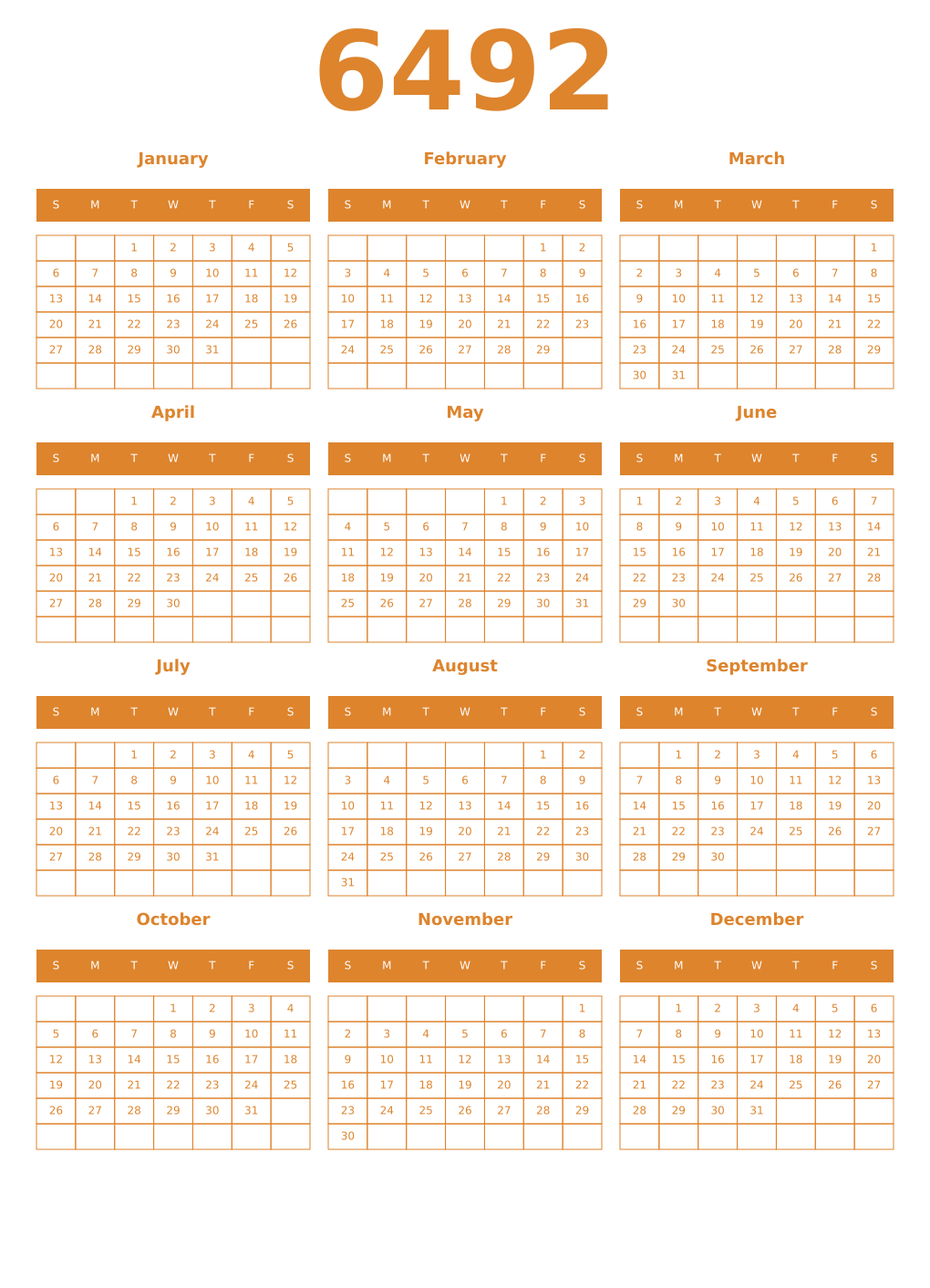 Printable 6492 Year Calendars orange